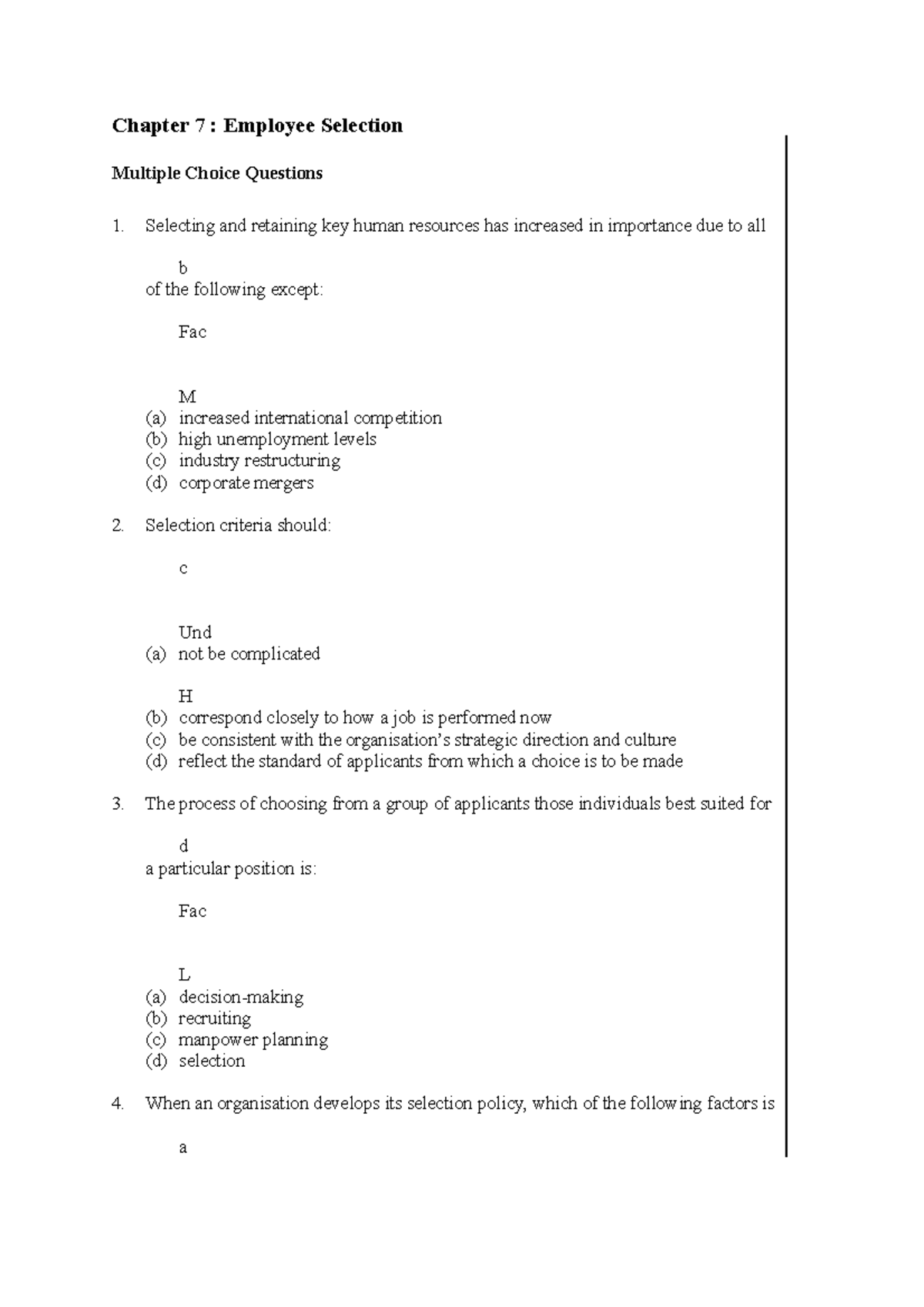 MCQ Chapter 7 Employee Selection Multiple Choice Questions