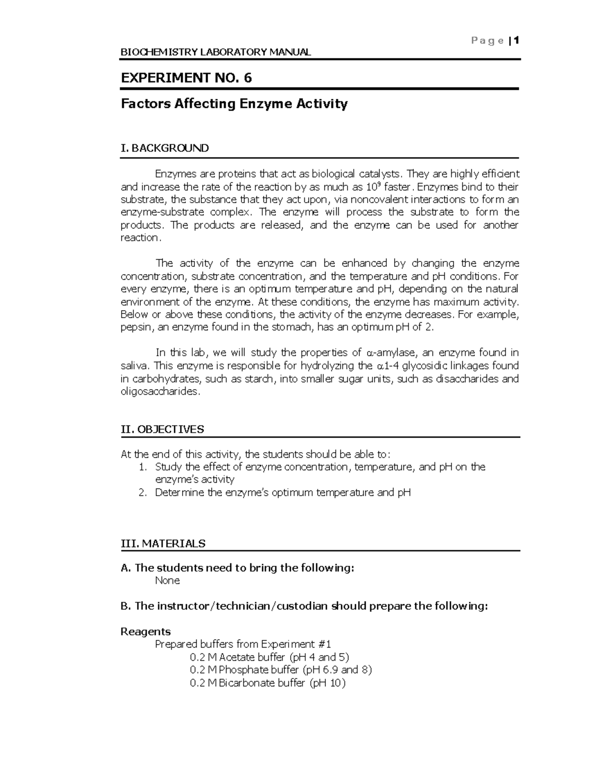 6 Enzyme Activity Biochem BIOCHEMISTRY LABORATORY MANUAL EXPERIMENT