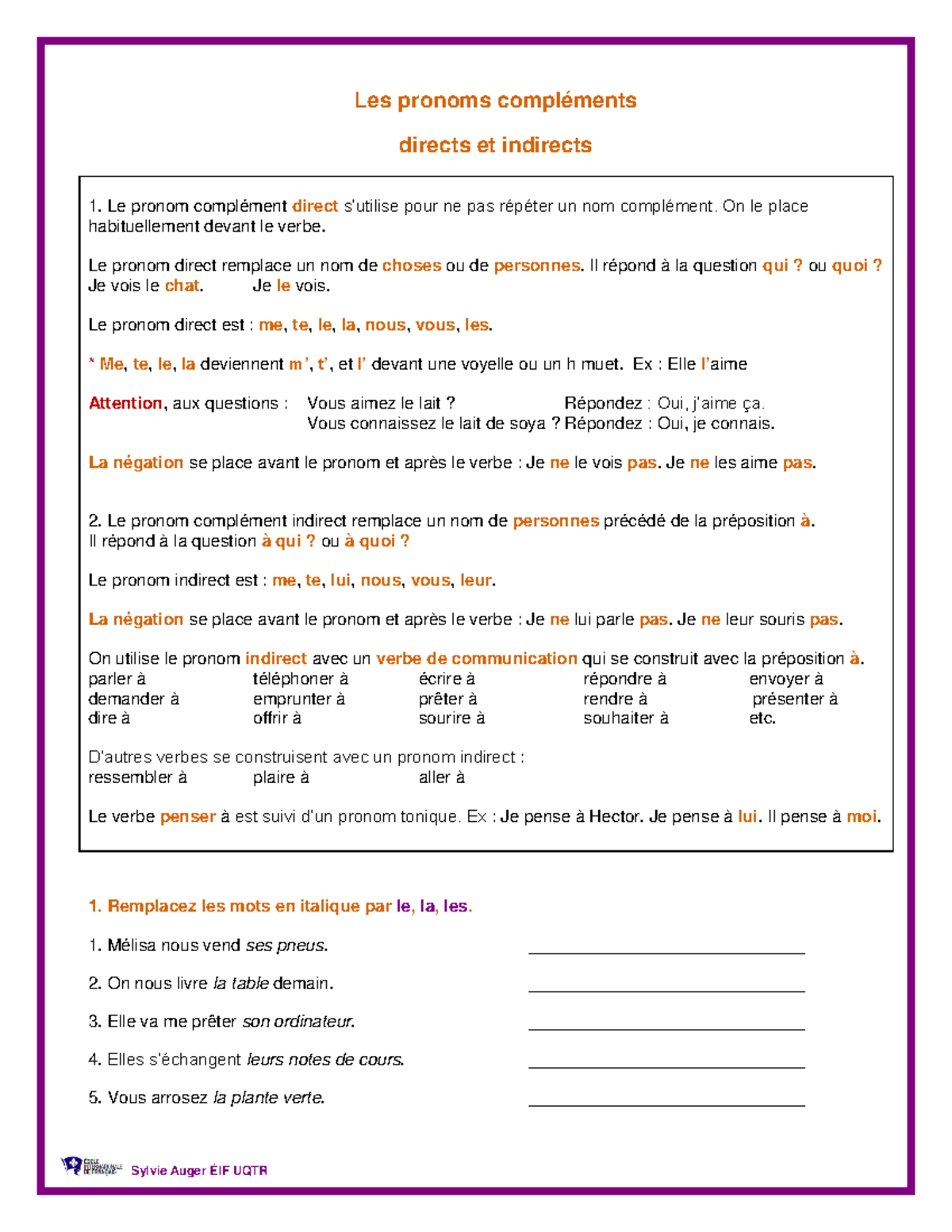 Les pronoms compléments direstc et indirects Exercices et corrigé - Les ...