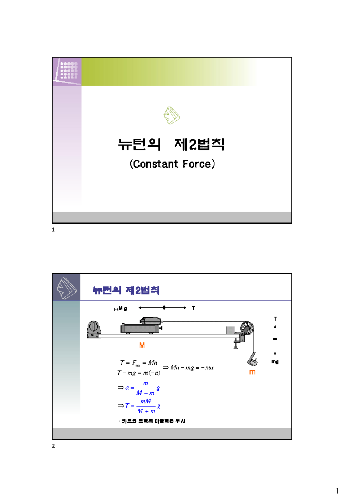 03-2 뉴턴의제2법칙 - 실험자료입니다 - 뉴턴의 제 2 법칙 (Constant Force) M M Μk M G T T Mg 뉴턴의제  2 법칙 () T F Manet Ma Mg - Studocu