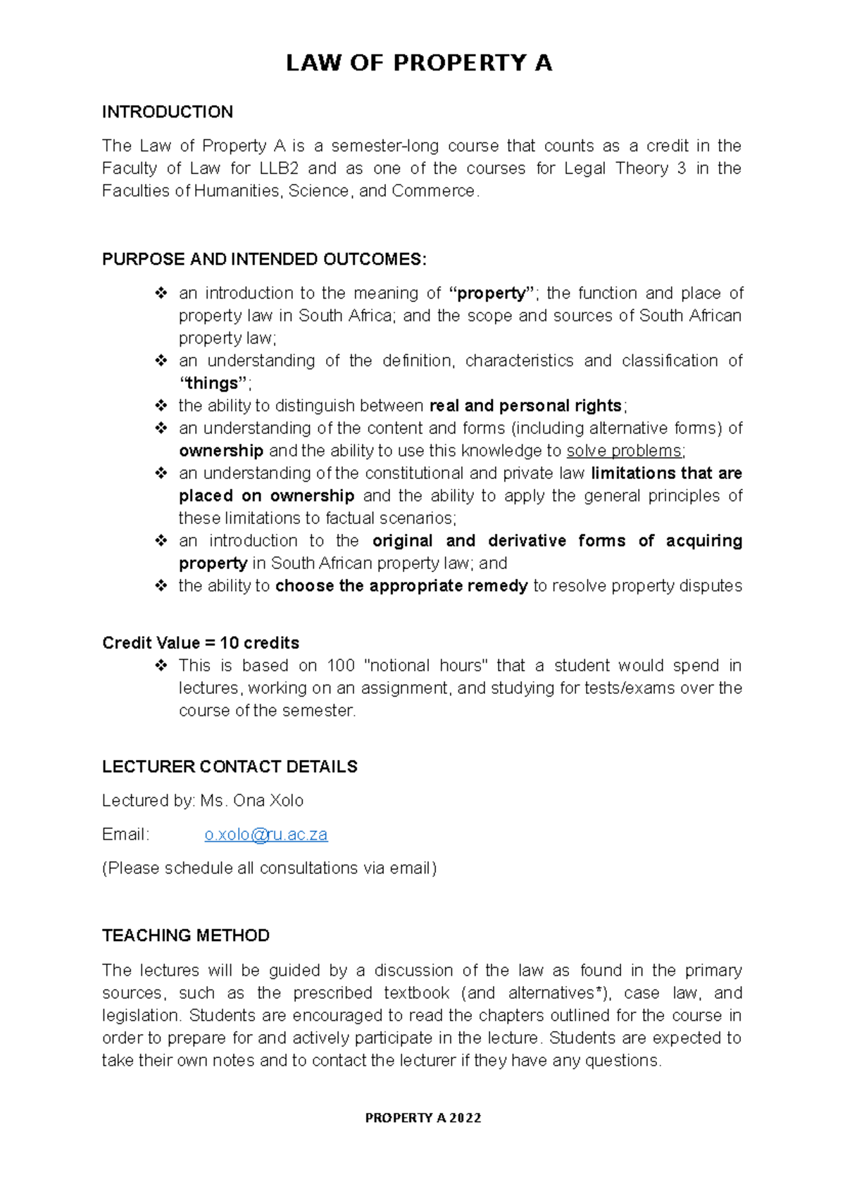 Property A - Course Outline - 1st Semester 2022 - INTRODUCTION The Law ...