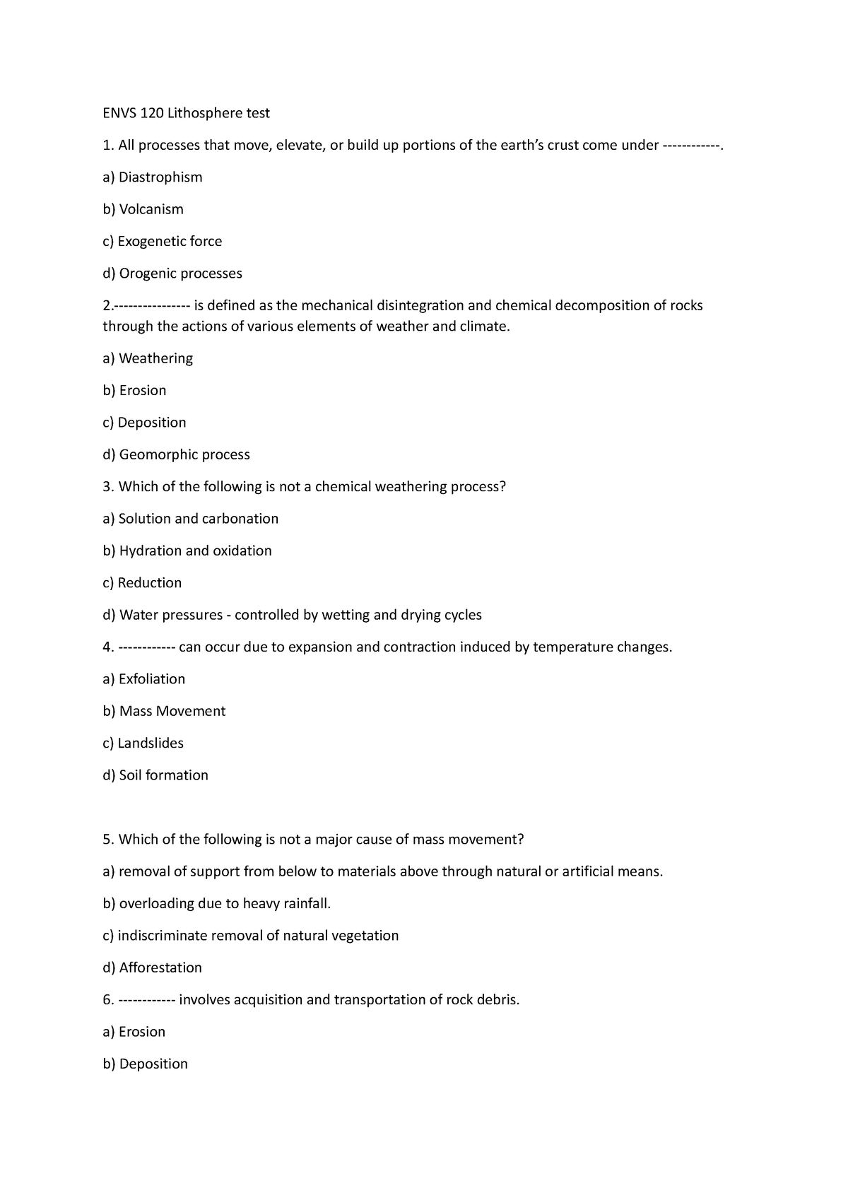 ENVS 120 Lithosphere test - ENVS 120 Lithosphere test All processes ...