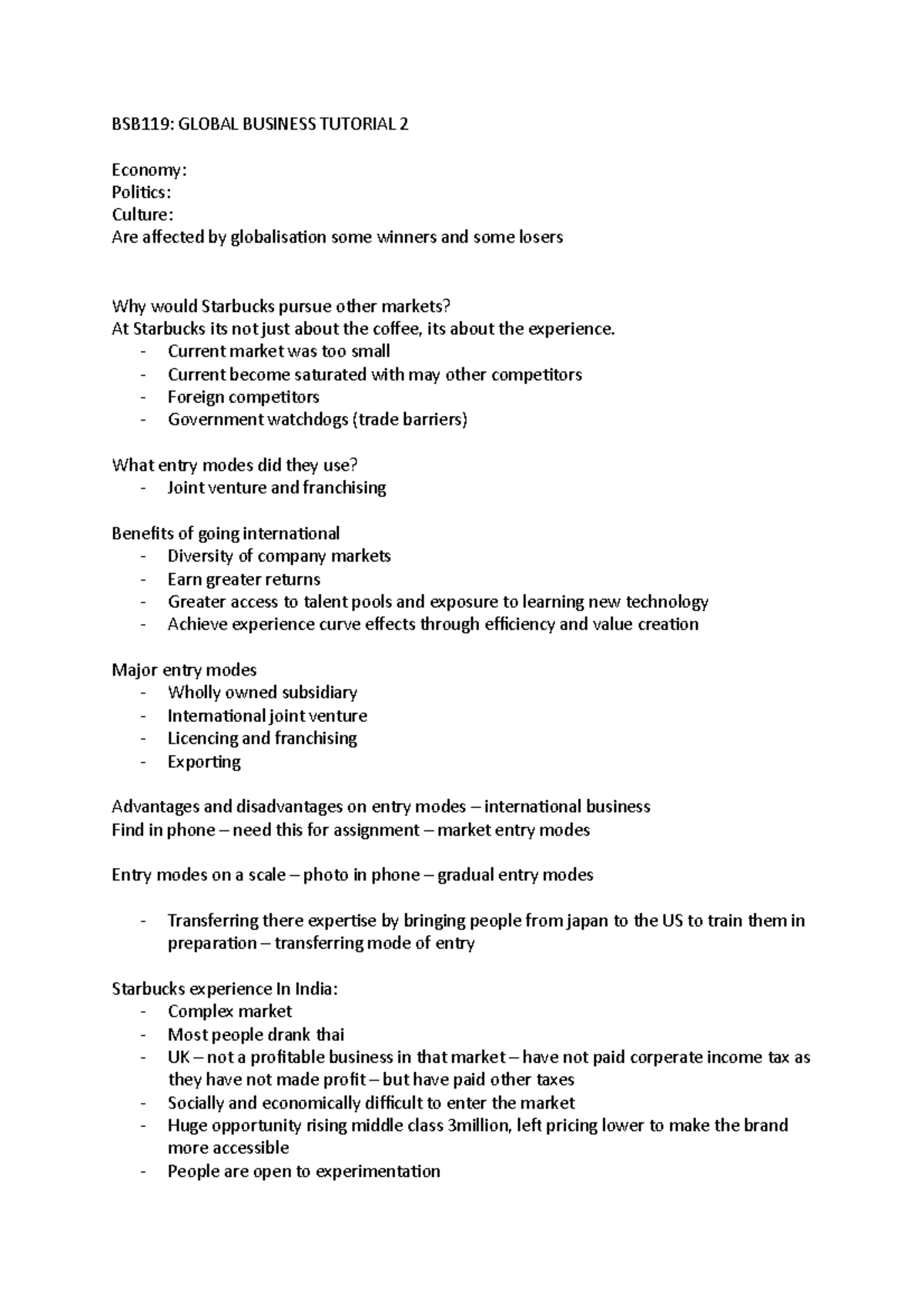 Tut 2 Notes Bsb119 Global Business Tutorial 2 Economy Politics