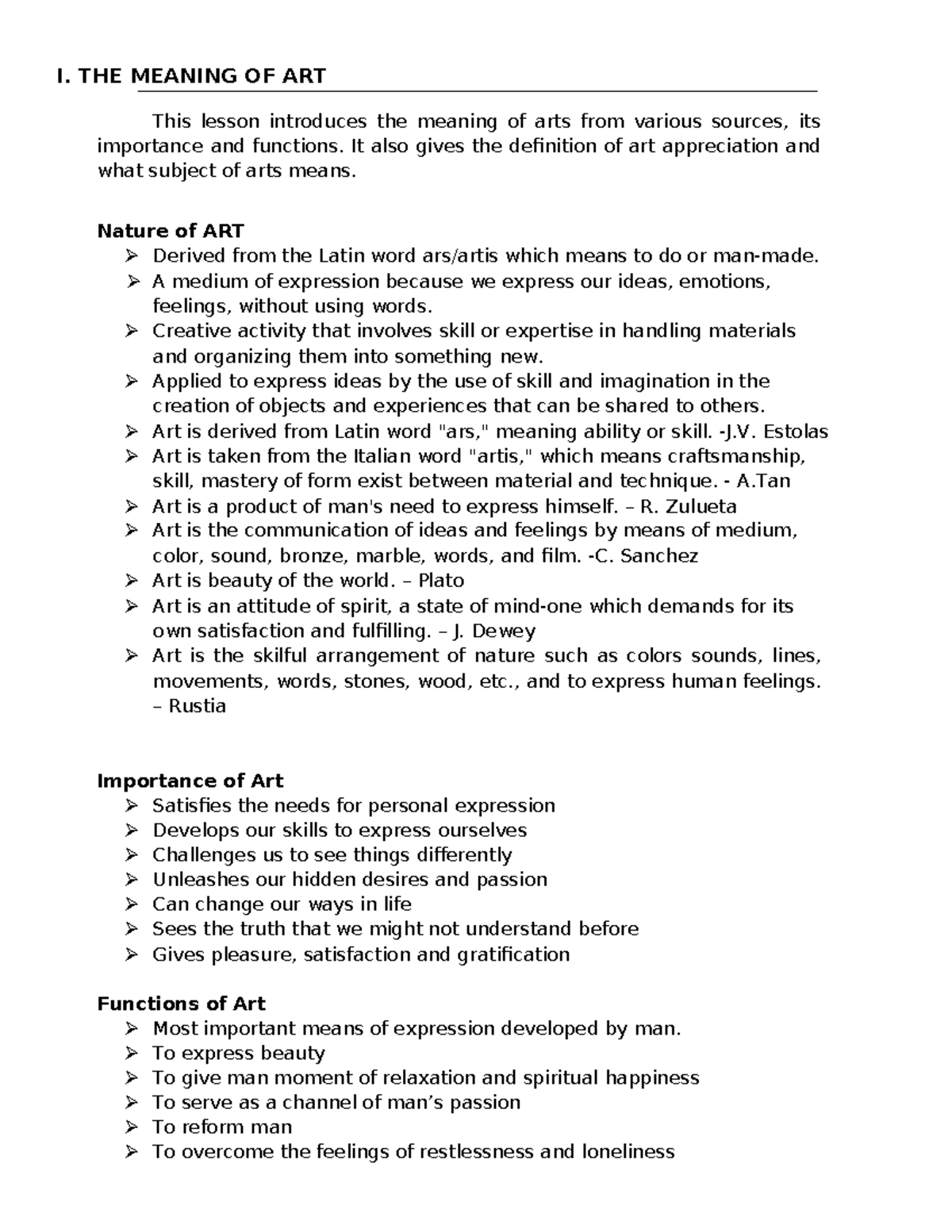 CPAR lecture notes I. THE MEANING OF ART This lesson introduces the