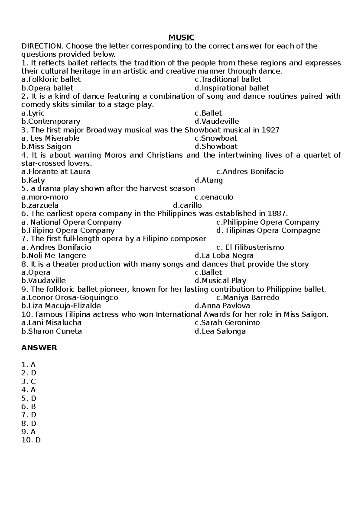 Fourth Quarterly Examination G10 - MUSIC DIRECTION. Choose the letter ...