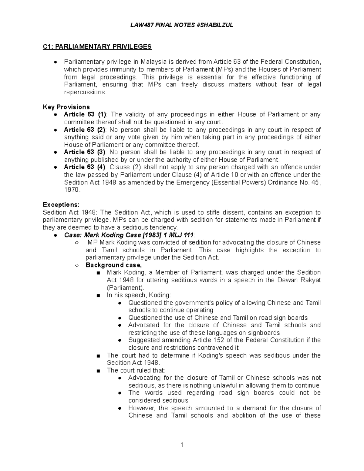Notes Constitutional LAW 2 ( Finals) - C1: PARLIAMENTARY PRIVILEGES ...