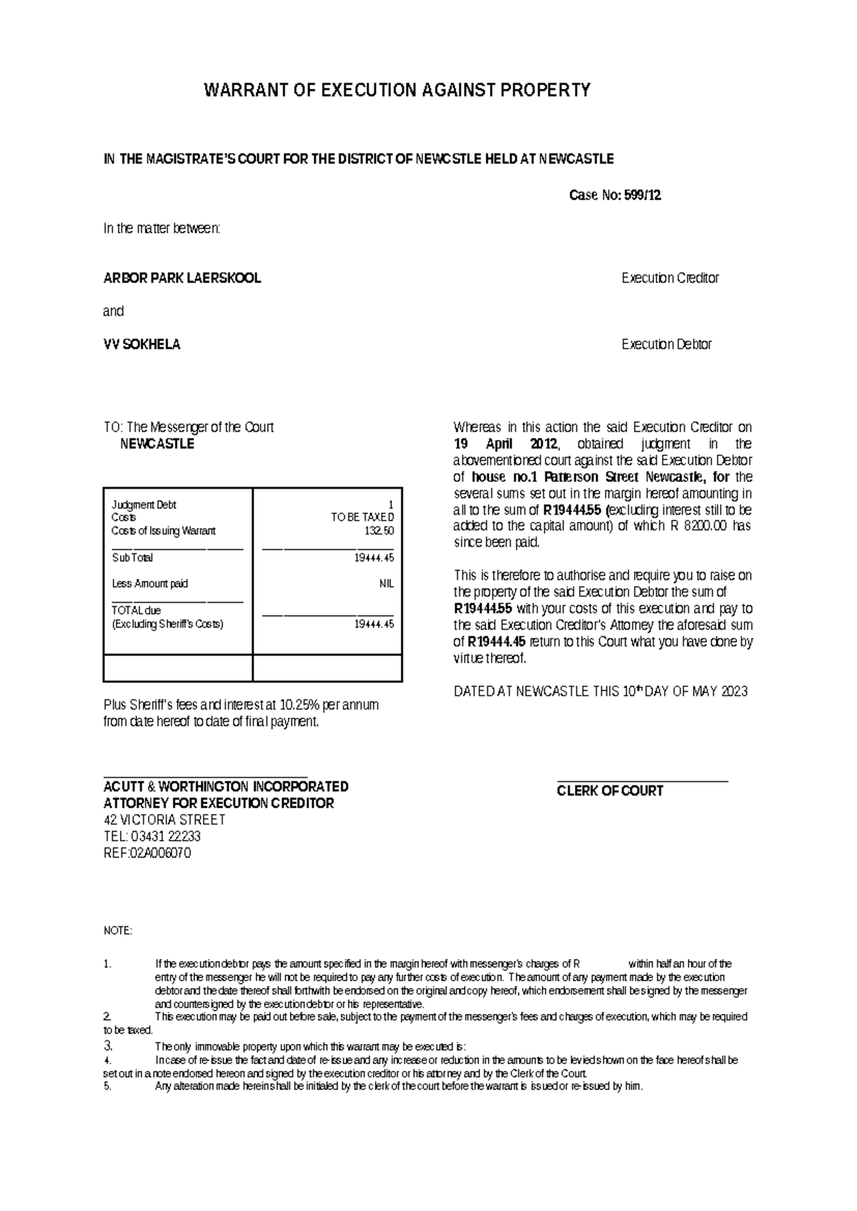 Warrant OF Execution - WARRANT OF EXECUTION AGAINST PROPERTY IN THE ...