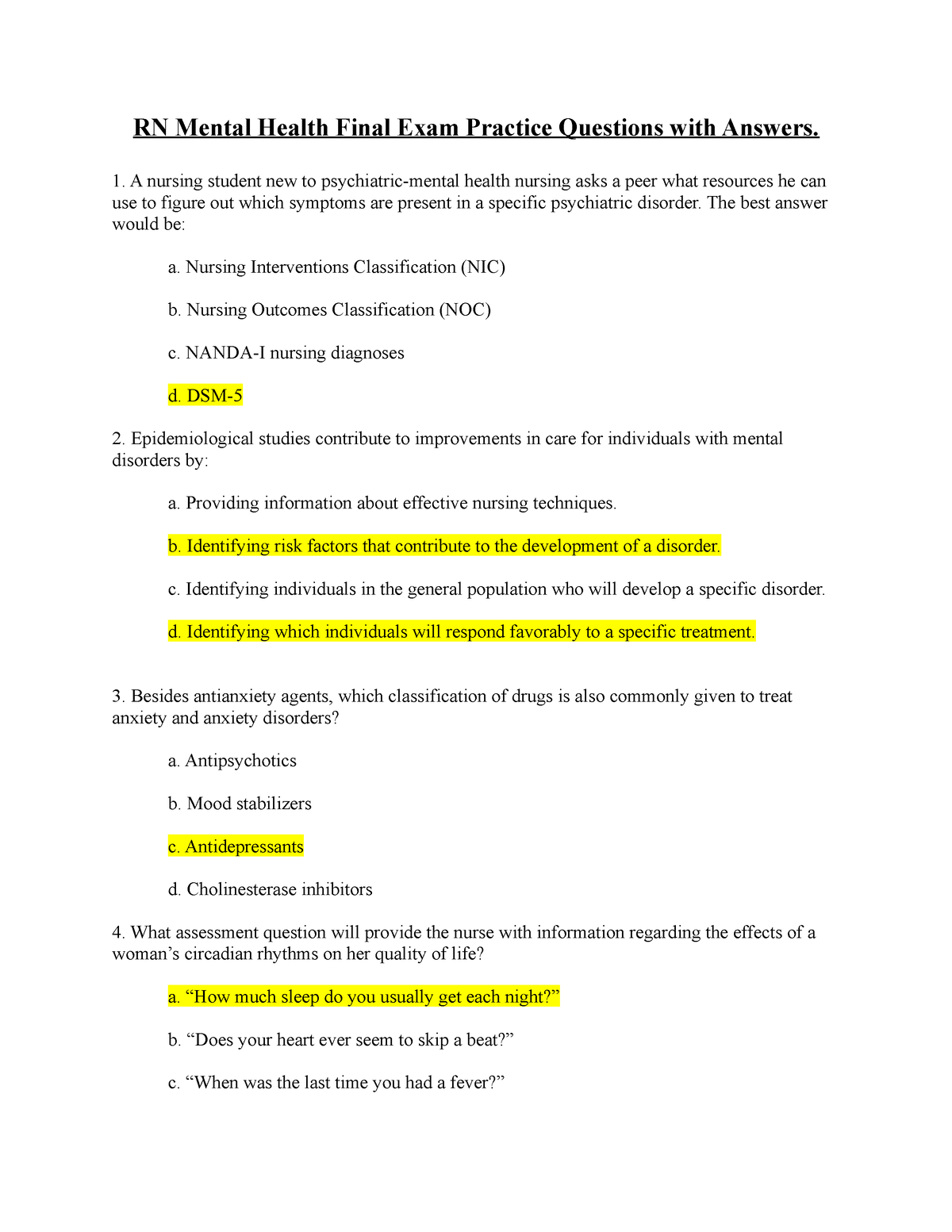 MH Final Exam Practice Questions - RN Mental Health Final Exam Practice ...