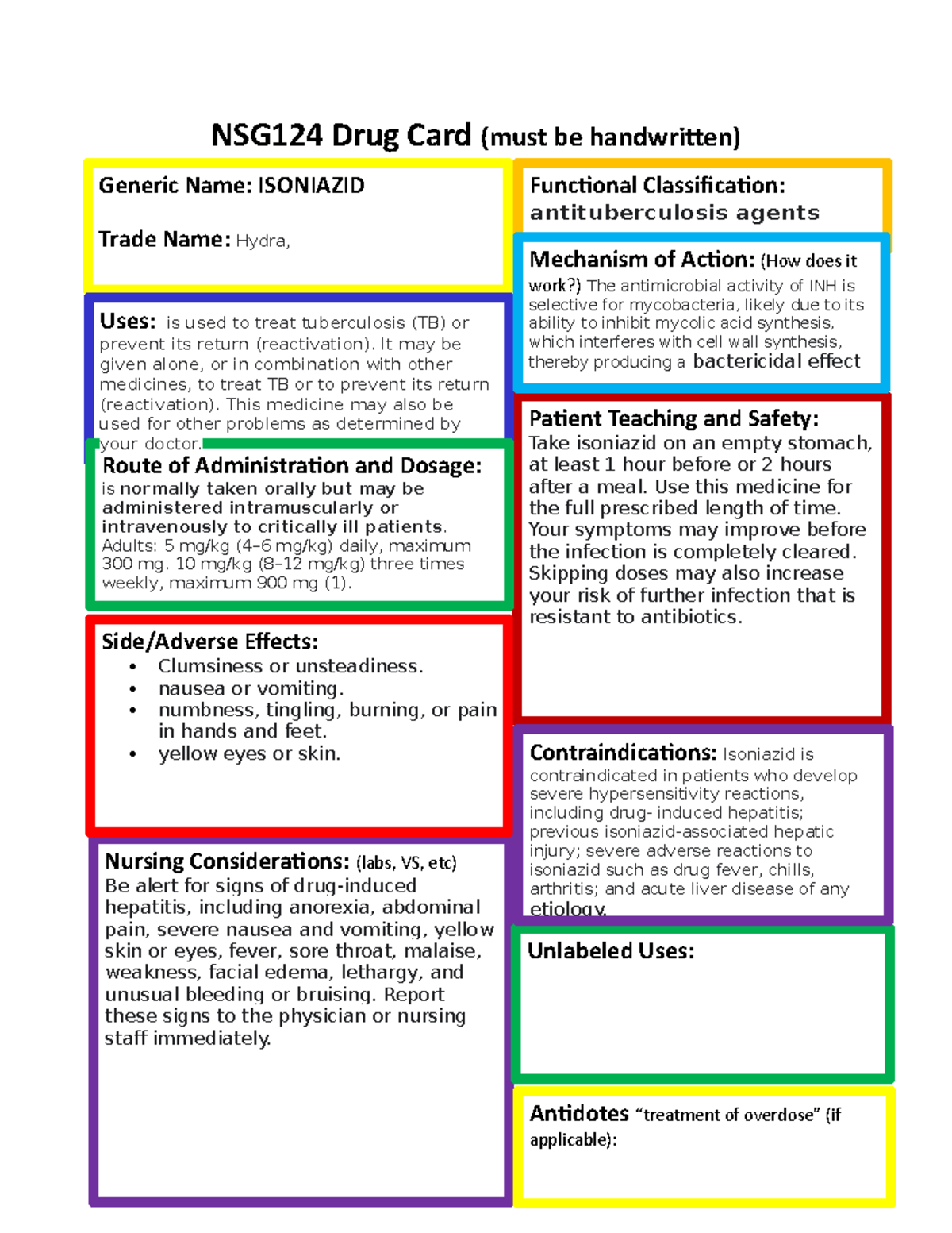 Isoniazid-1 - Course Work - NSG124 Drug Card (must Be Handwritten ...