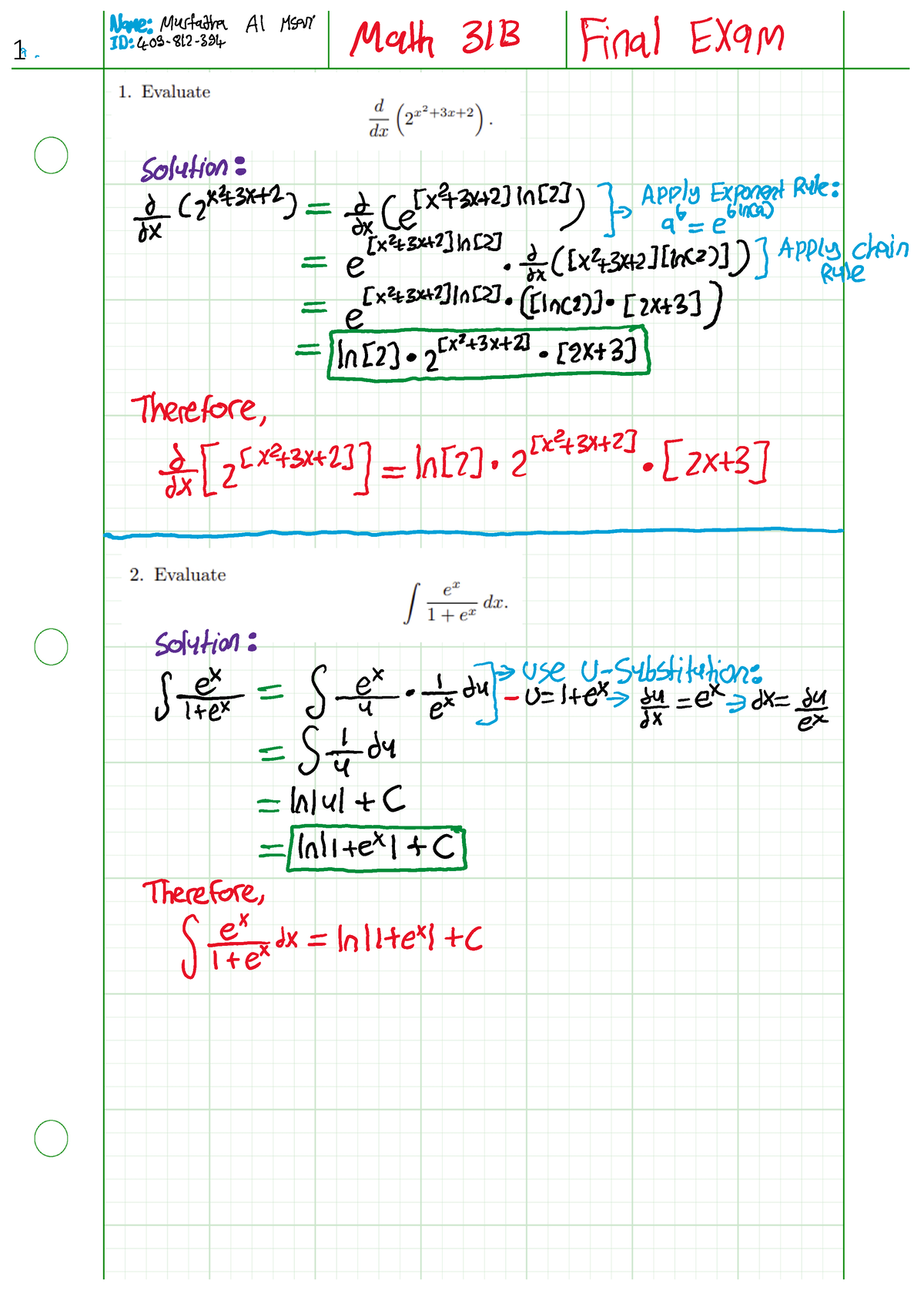 Math 31B - Final Exam - Professor Andrews - MATH 31B - ϭ Ϯ κ ρ ϳ Θ ϭϬ ...