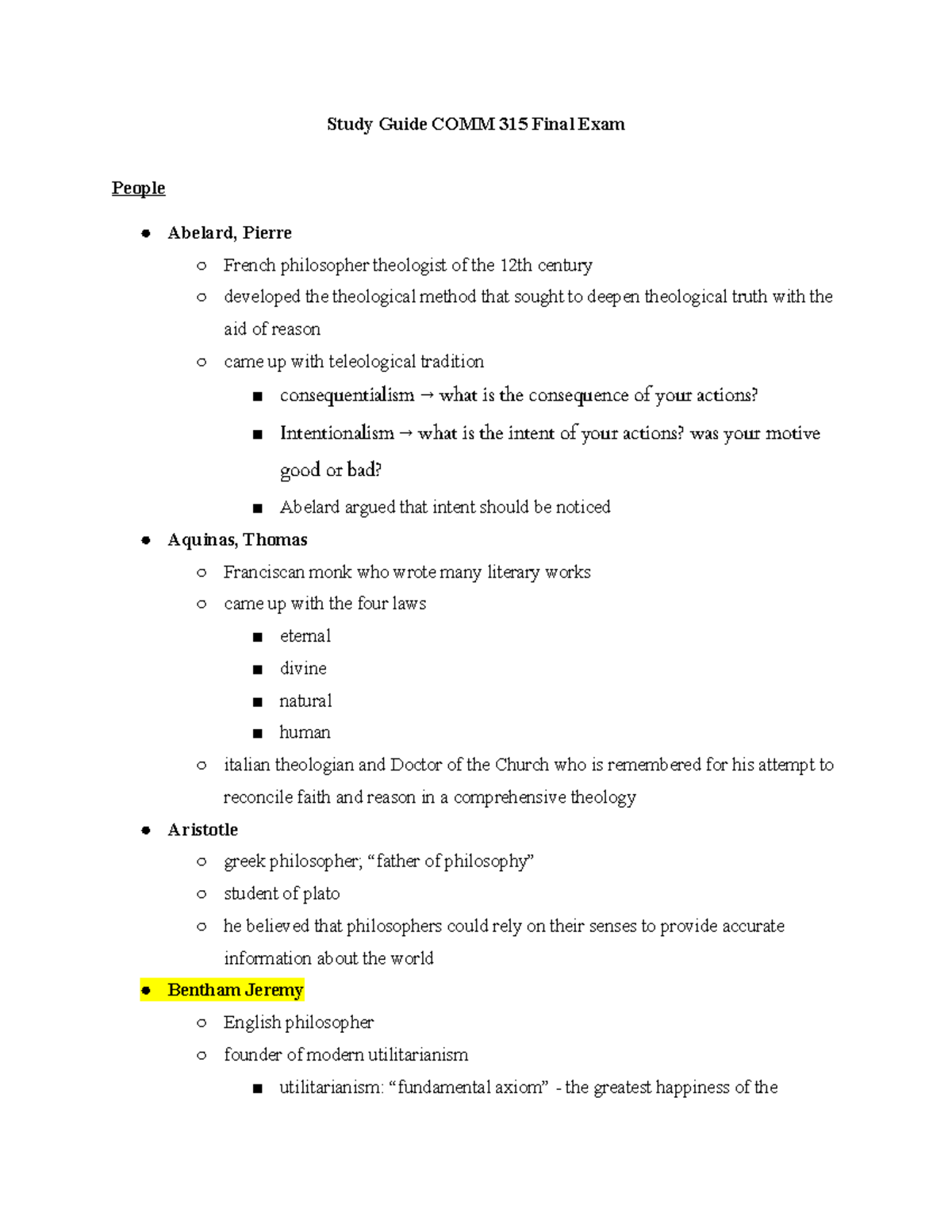 Study Guide COMM 315 Final Exam - . advocated for individual and ...