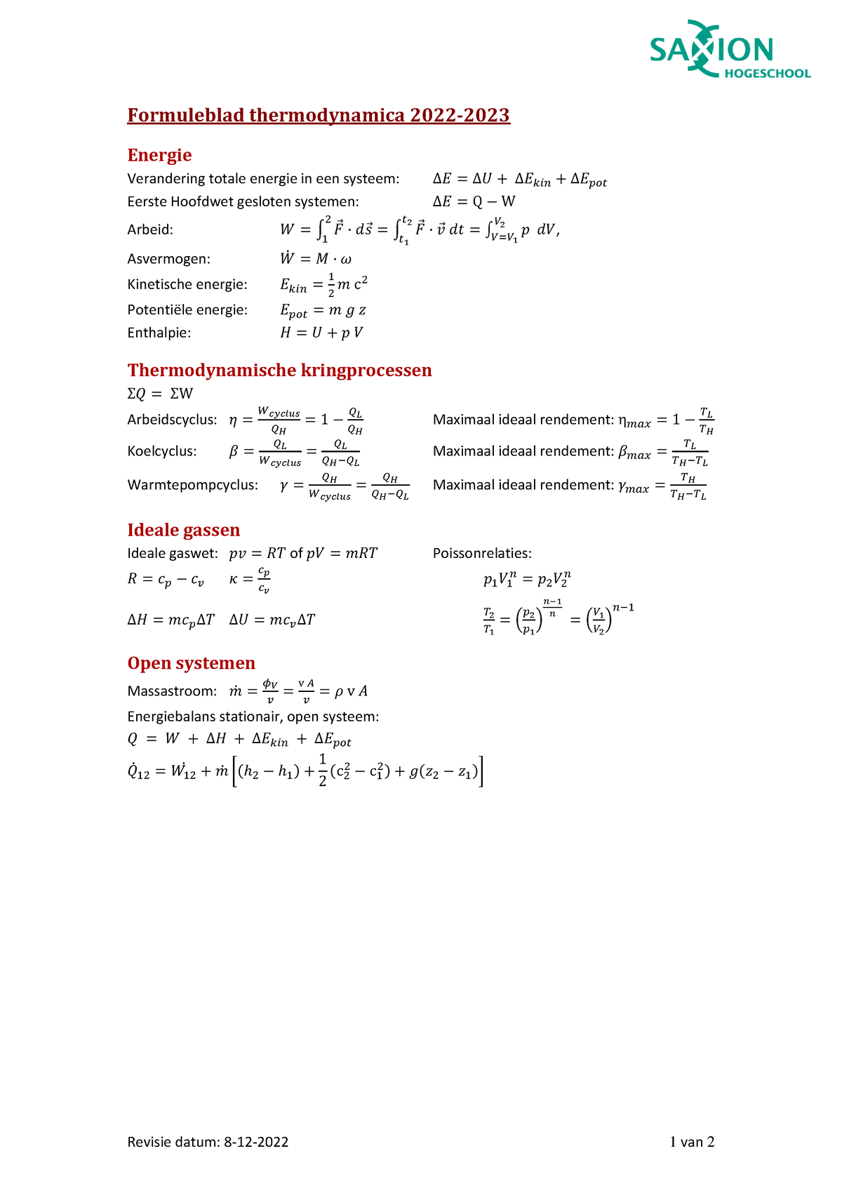 Formuleblad Thermodynamica 2022 - Revisie Datum: 8-12-2022 1 Van 2 ...