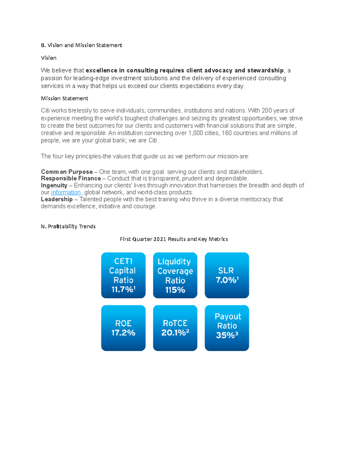 Bank Analysis About Citi Bank - B. Vision And Mission Statement Vision ...