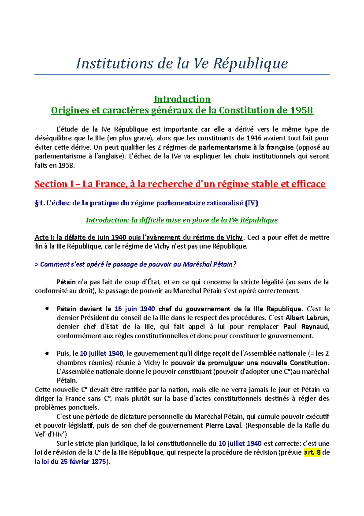 Institutions De La Ve République Droit Constitutionnel - 
