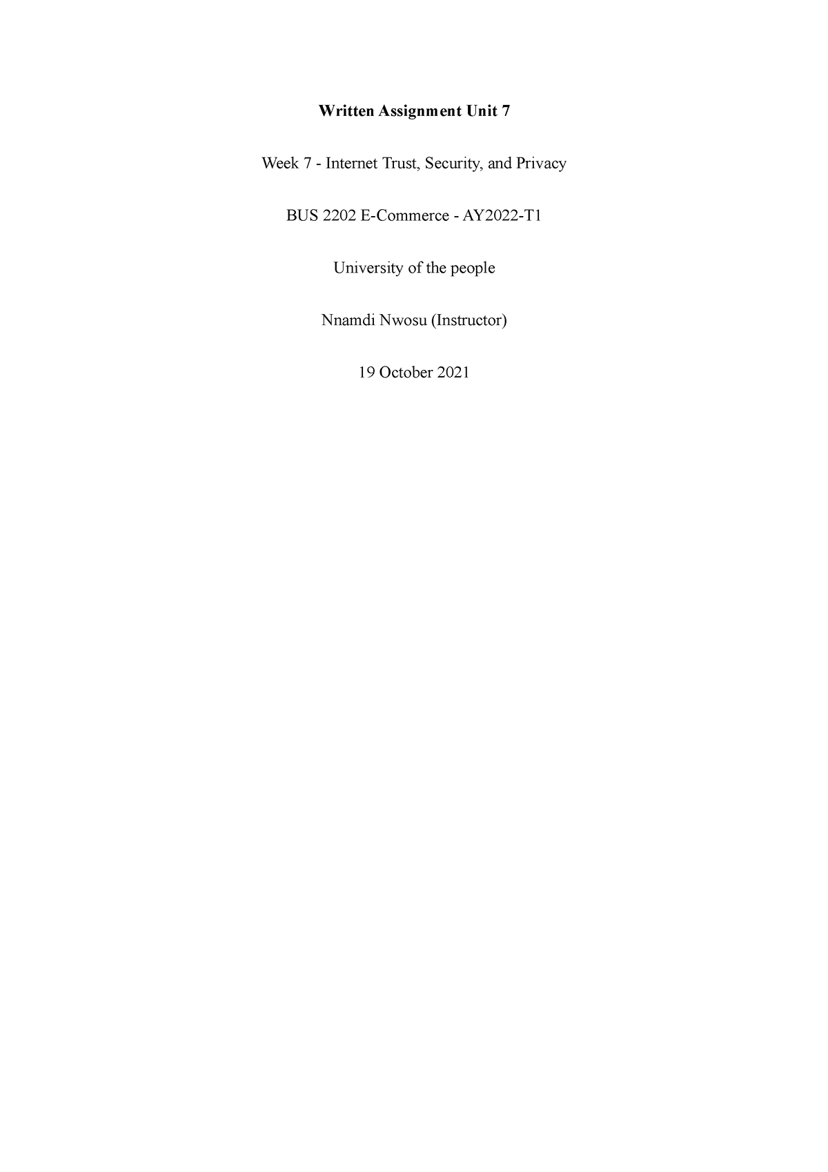 BUS 2202 Written Assignment Unit 7 - Written Assignment Unit 7 Week 7 ...