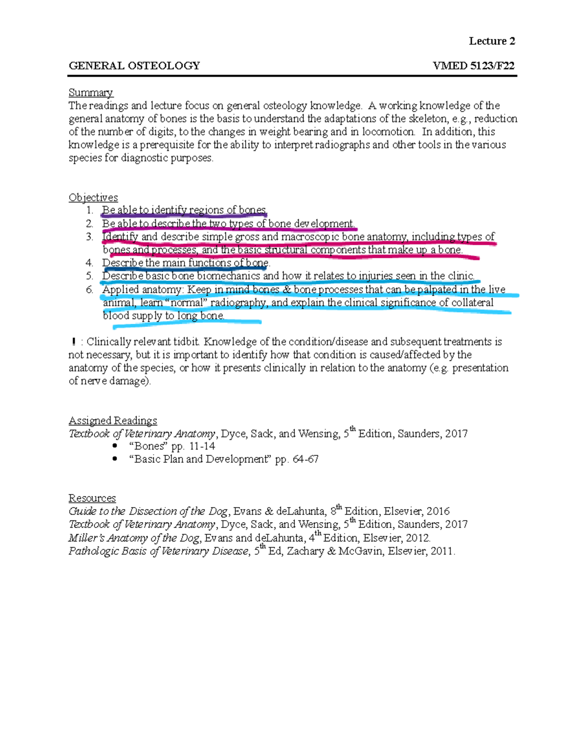 2 General Osteology VMED 5123 F2022 Summary The readings and lecture