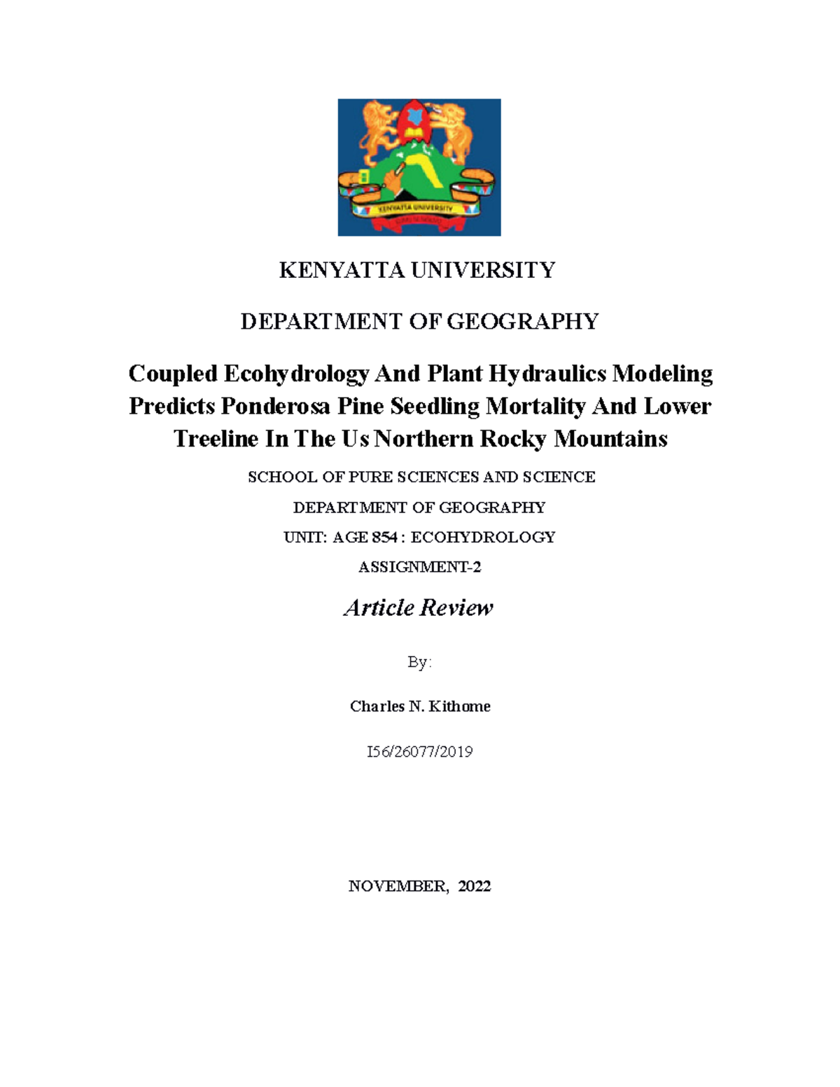 Eng. Kithome[ Assignment 2 KENYATTA UNIVERSITY DEPARTMENT OF