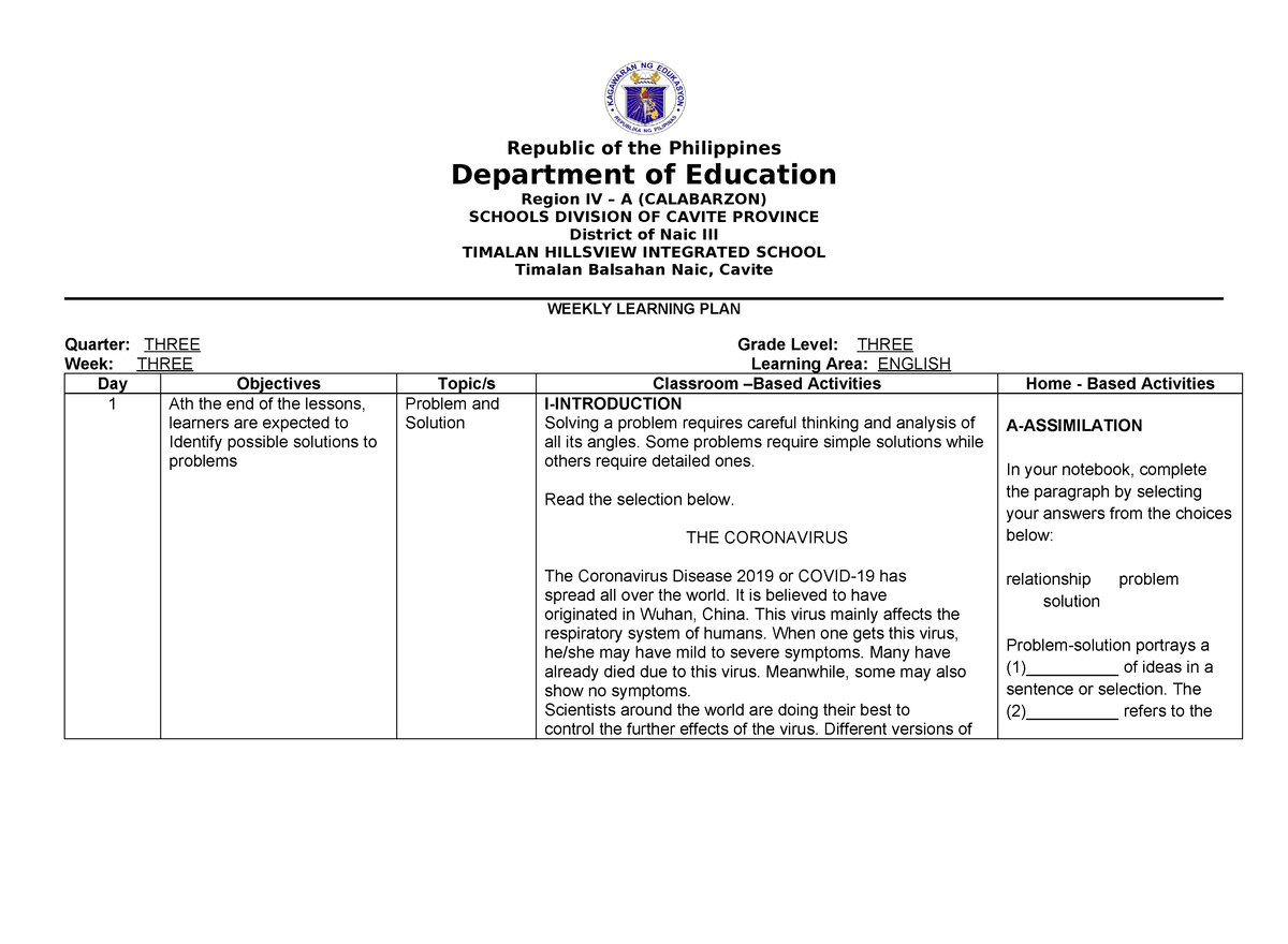 ENG3 WHLP W3 Q3 - Weekly Plan - Republic of the Philippines Department ...