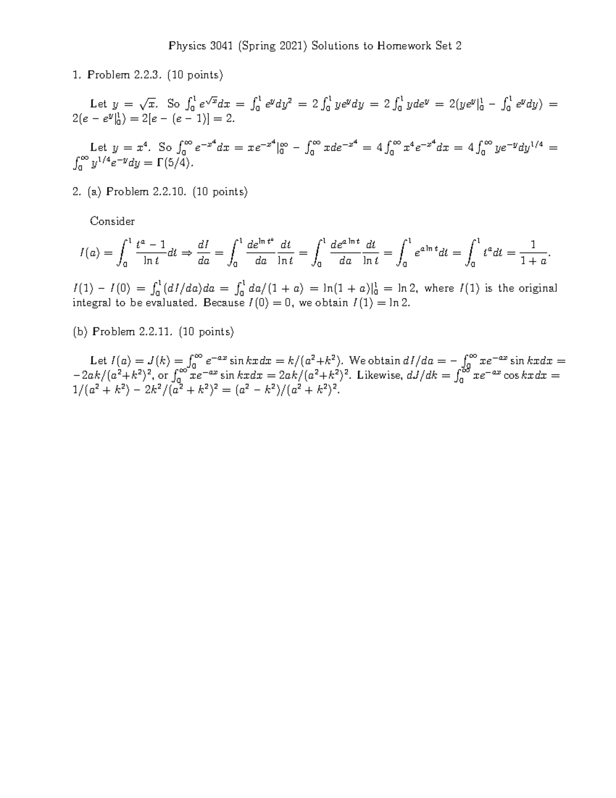 Homework 2 Solutions - PHYS 3041 UMN Spring 2021 Prof Qian - PHYS 3041 ...