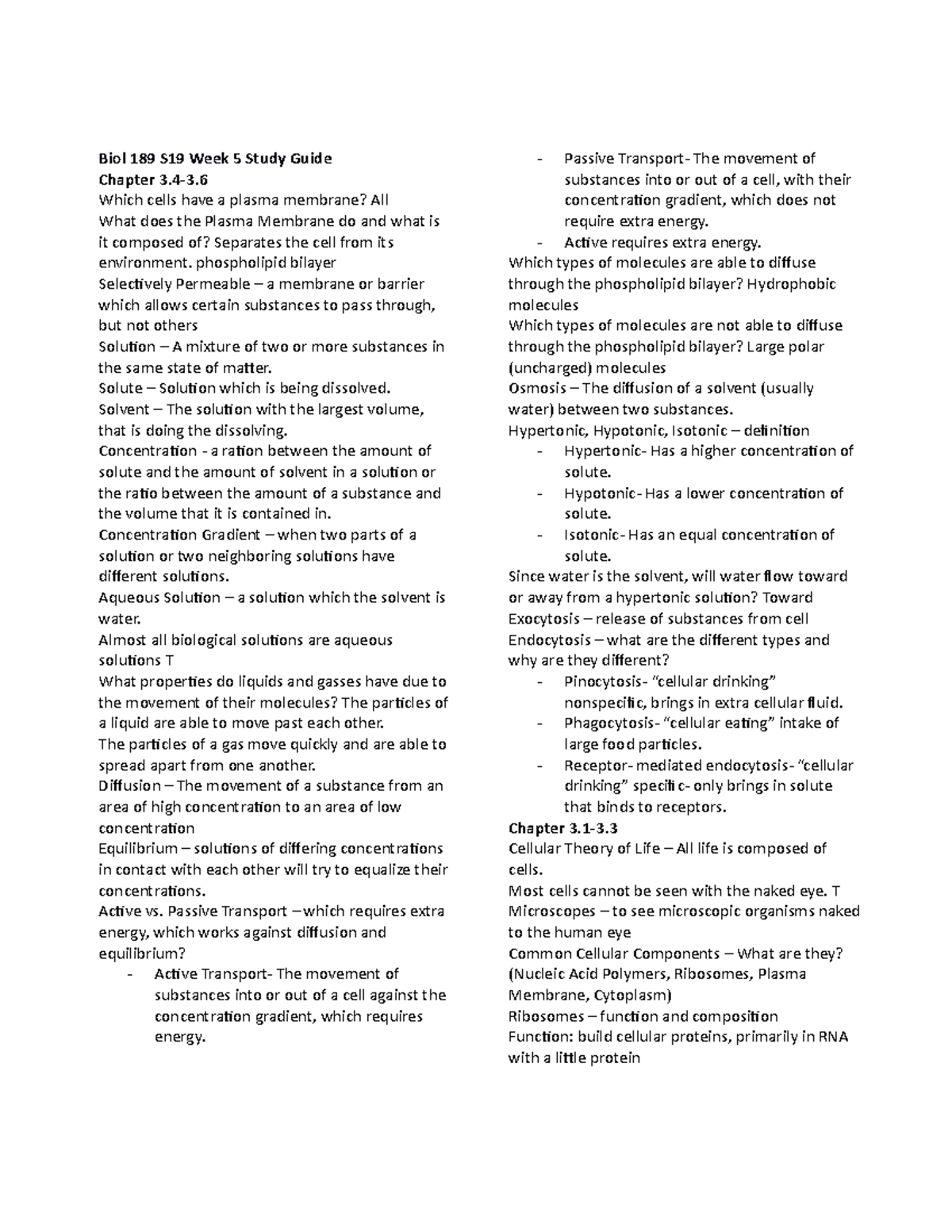 Biol 189 S19 Week 5 Study Guide - Biol 189 S19 Week 5 Study Guide ...