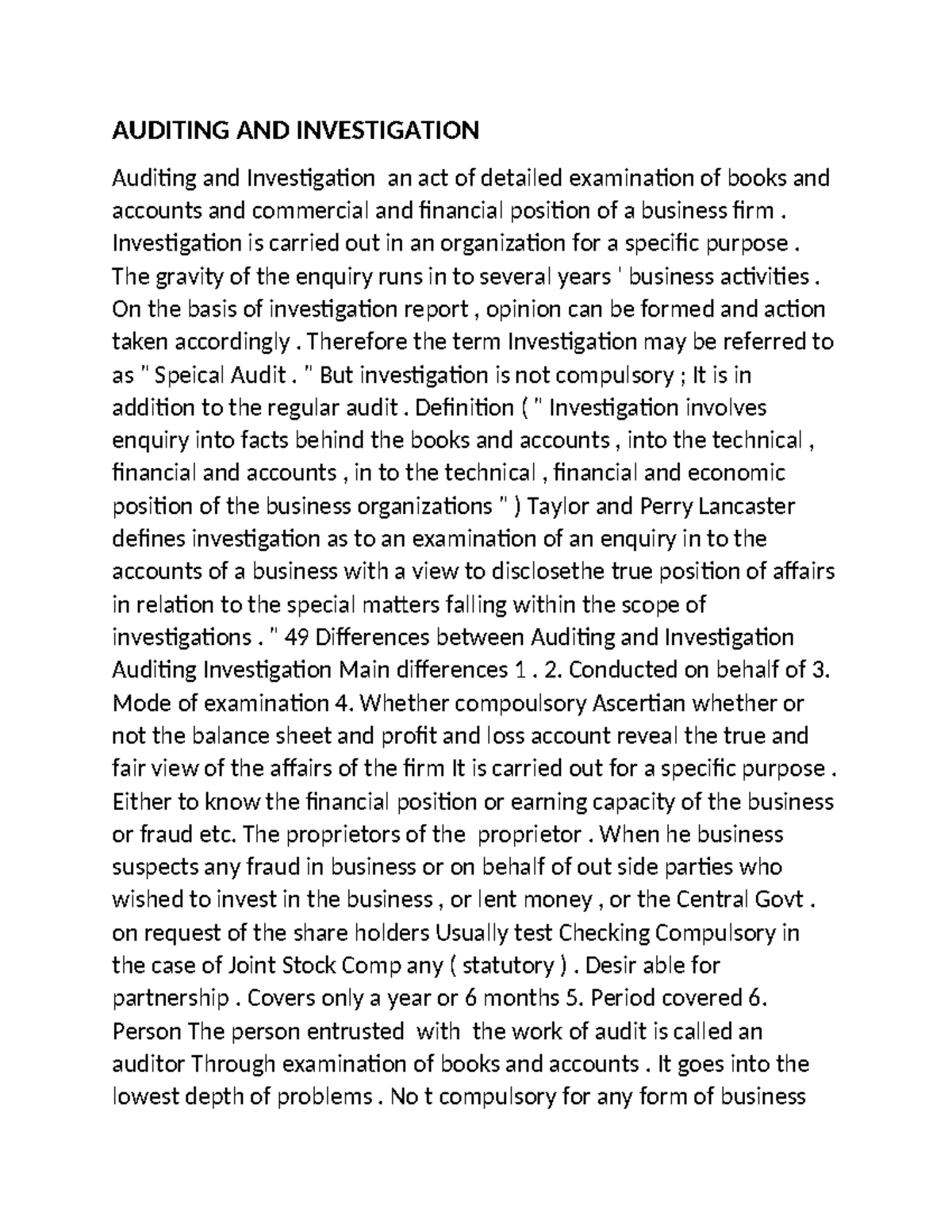 Auditing AND Investigation AUDITING AND INVESTIGATION Auditing and