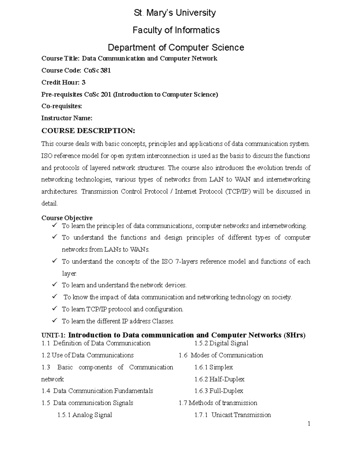 Data Communication and Computer Network course outline - St. Mary’s ...