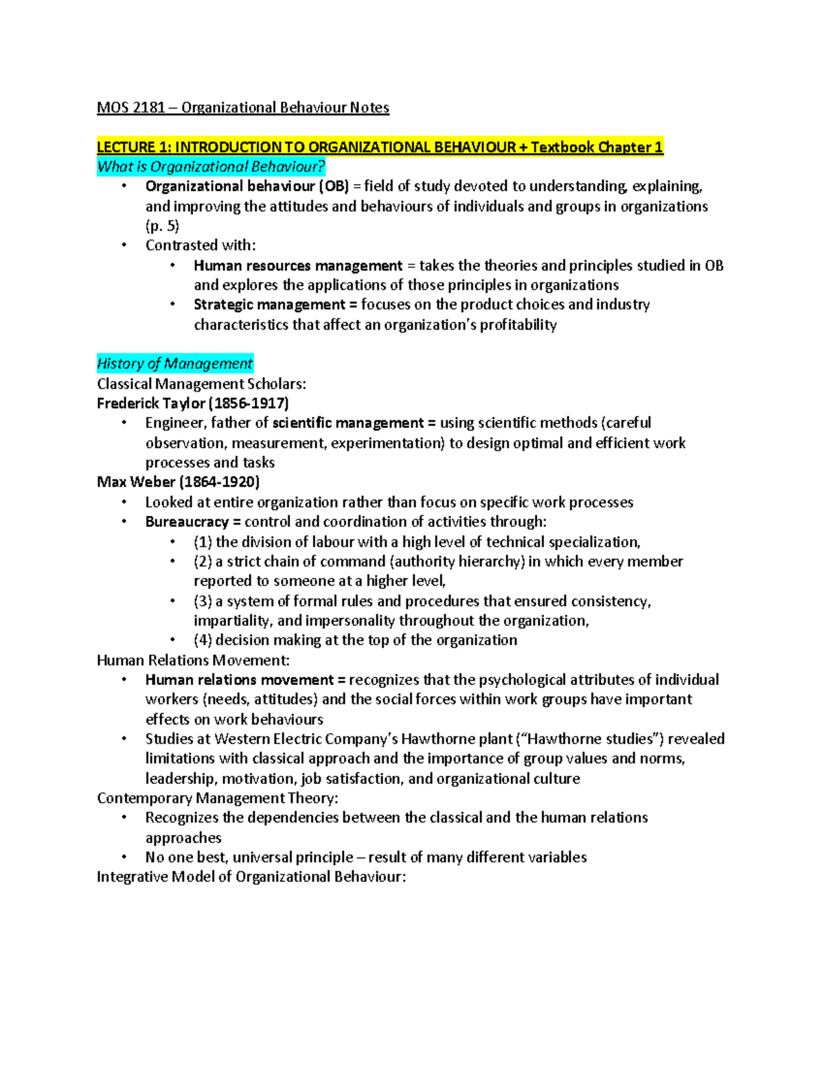 Organizational Behaviour Exam 1 Notes - MOS 2181 – Organizational ...