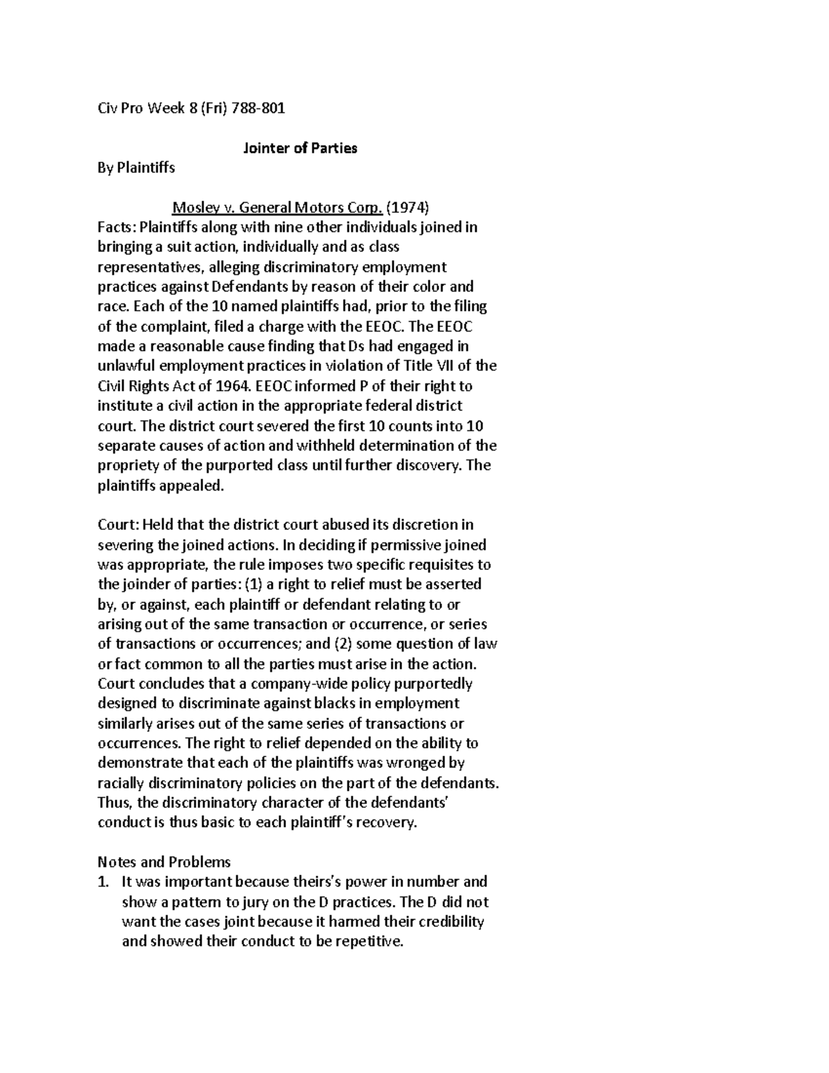 Civ Pro Week 8 (Fri) Descriptions of Jointer of Parties Civ Pro