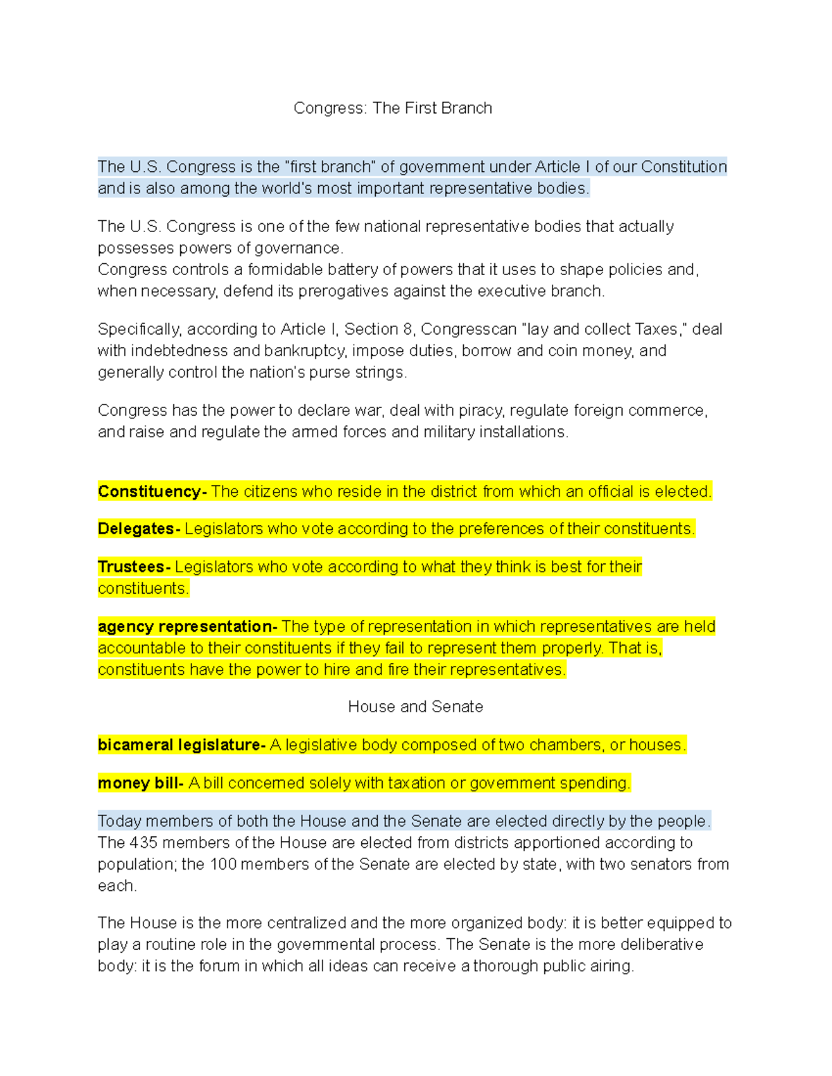 Chap.6 Notes - American Government: Power and Purpose - Congress: The ...