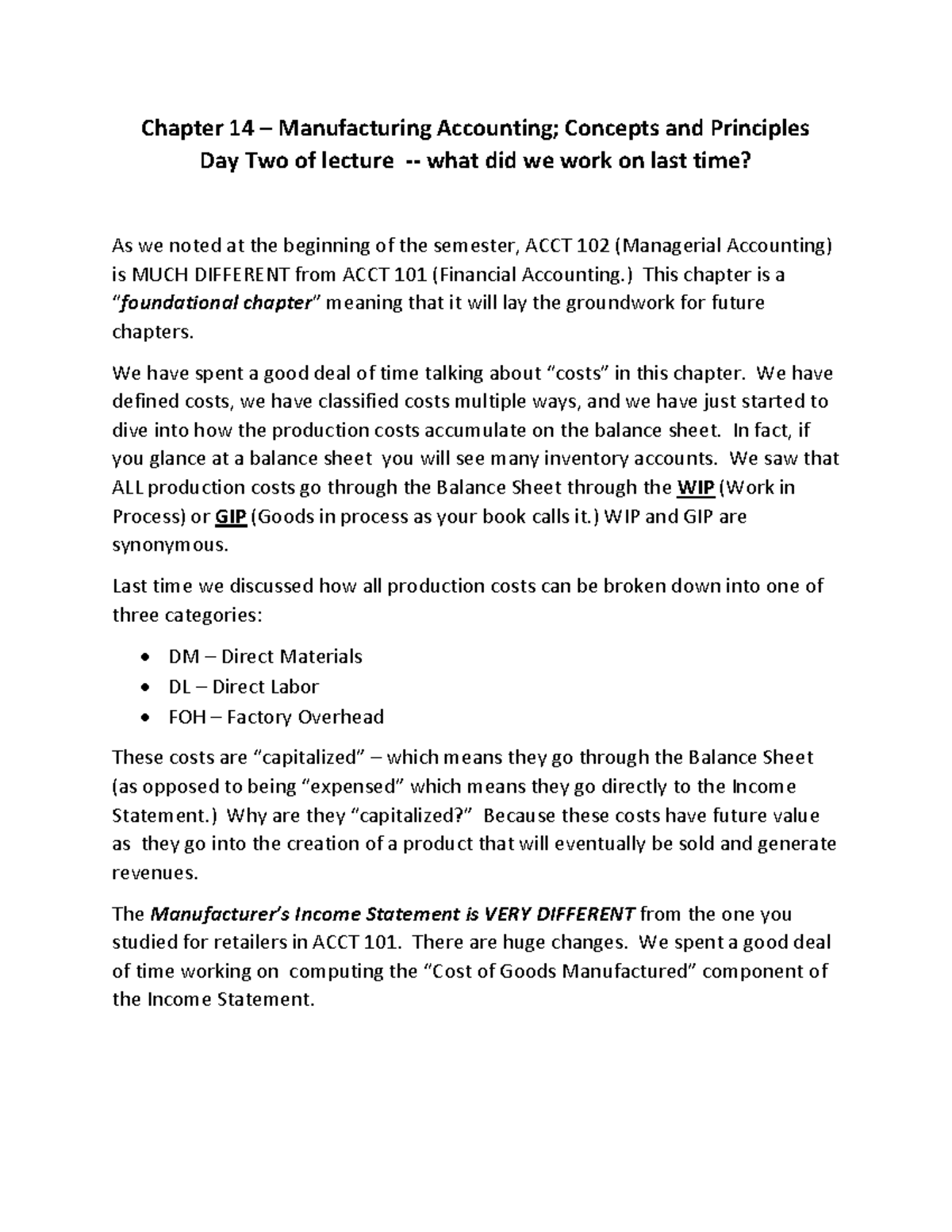 ACCT 102 Chapter 14 Day 2 Summary - Chapter 14 – Manufacturing ...