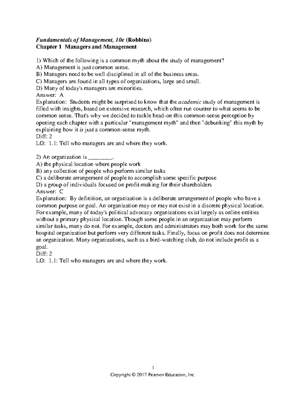 Chapter 1 - Practice - 1 Fundamentals Of Management, 10e (Robbins ...