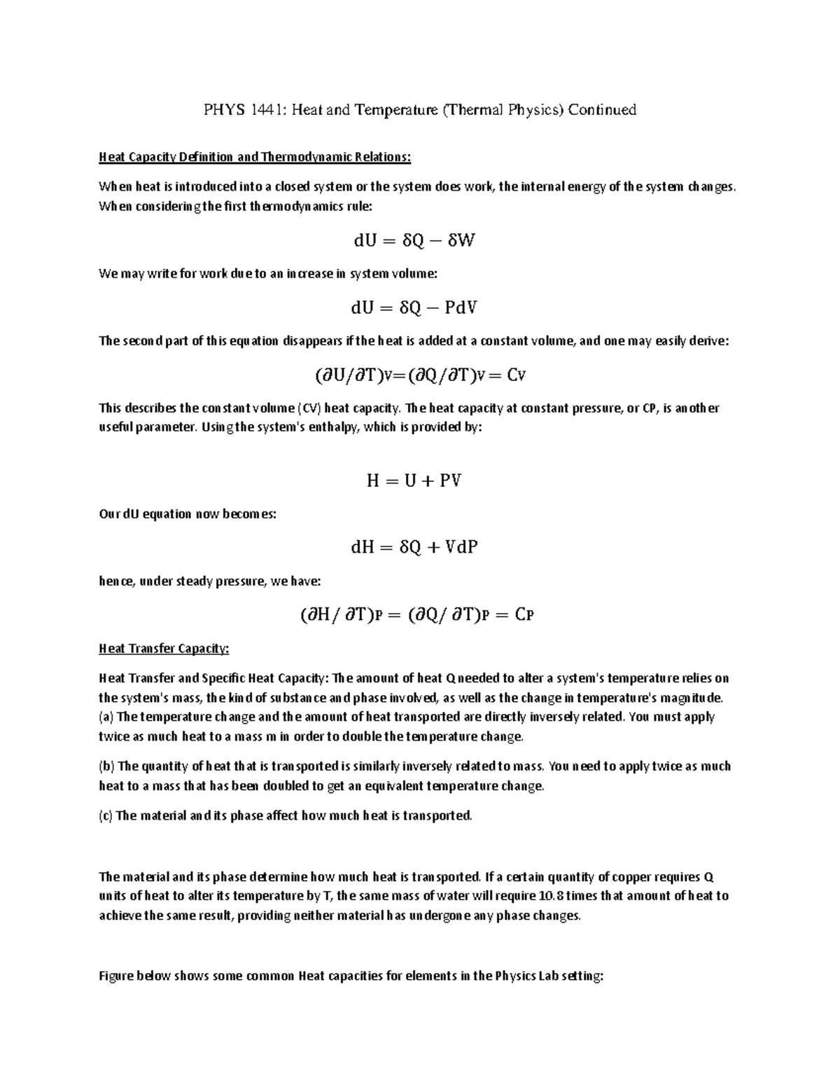 Heat capacity and Specific Heat capacity - PHYS 1441: Heat and ...