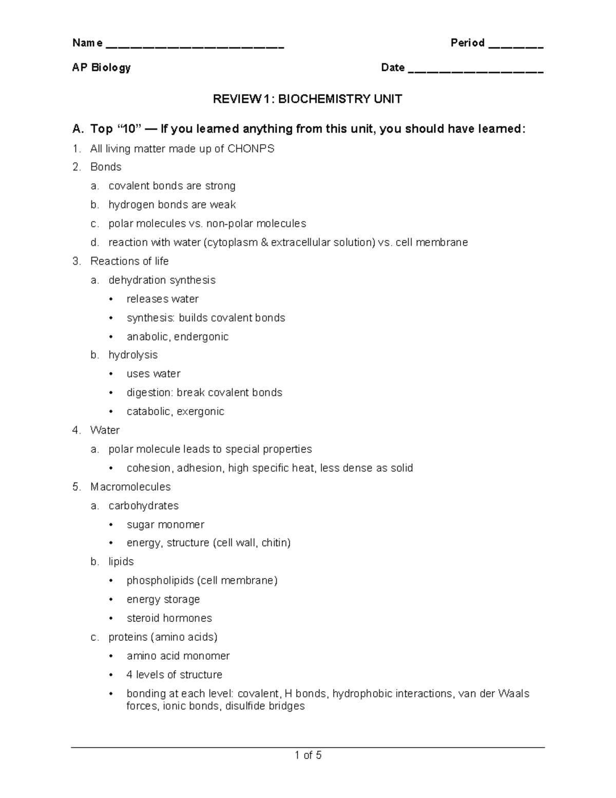 Review 01 Biochemistry - Name _____________________________ Period ...