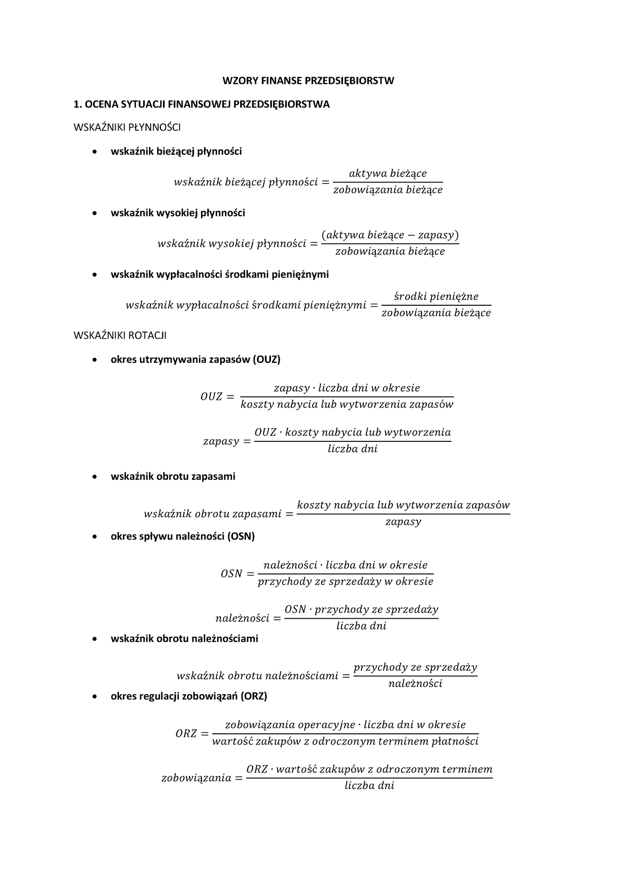 Wzory Finanse PrzedsiĘ Biorstw - WZORY FINANSE PRZEDSIĘBIORSTW 1. OCENA ...