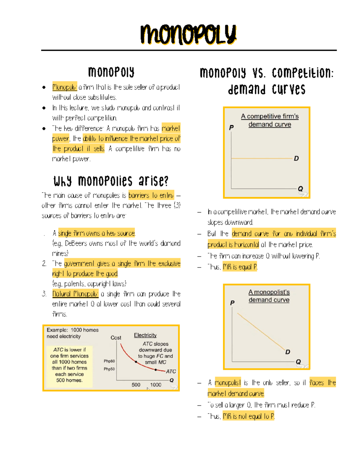 Econ 100.2 Monopolies - MMONONOPOPOLYOLY monopoly Monopoly: a firm that ...