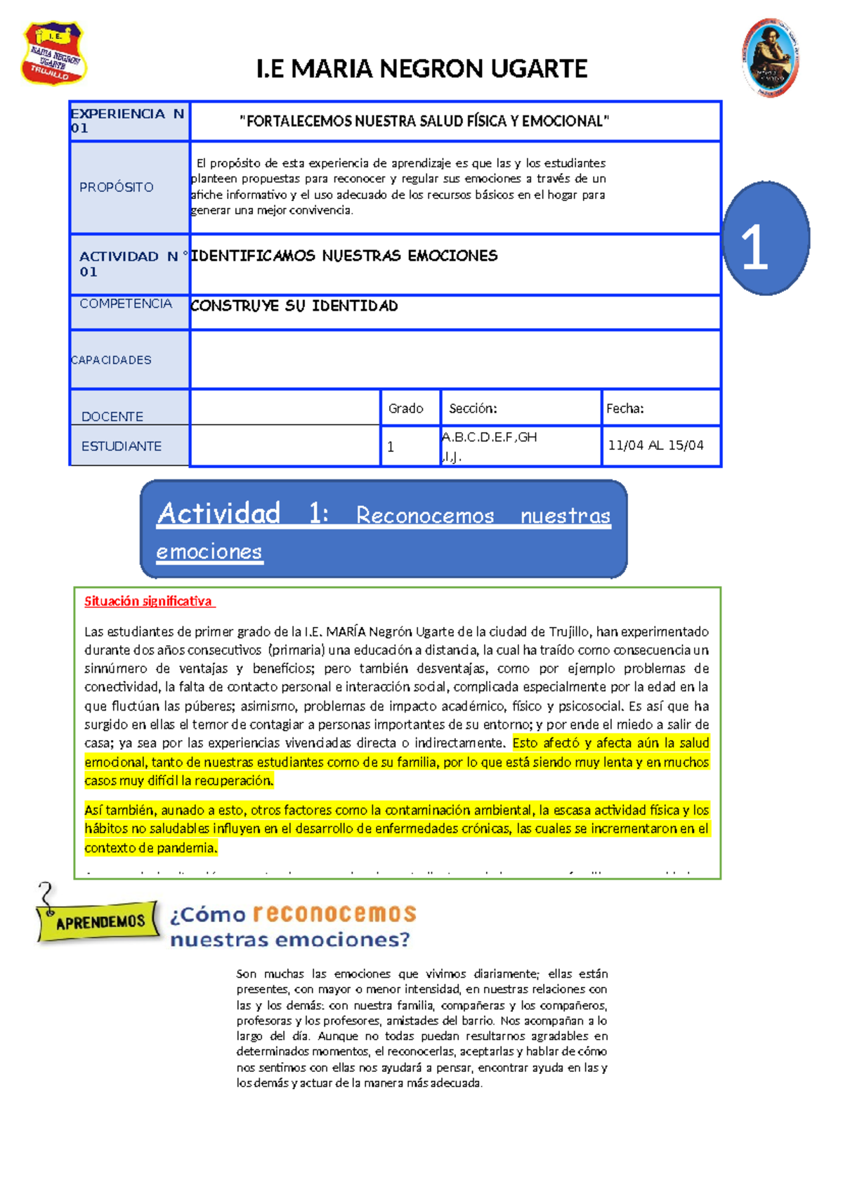 Sesion 1 DPCC 1 las emociones - EXPERIENCIA N 01 "FORTALECEMOS NUESTRA ...