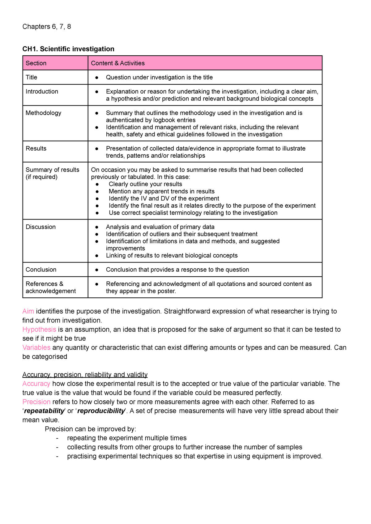 Biology Notes Unit 3 and 4, ALL area of studys - CH1. Scientific ...