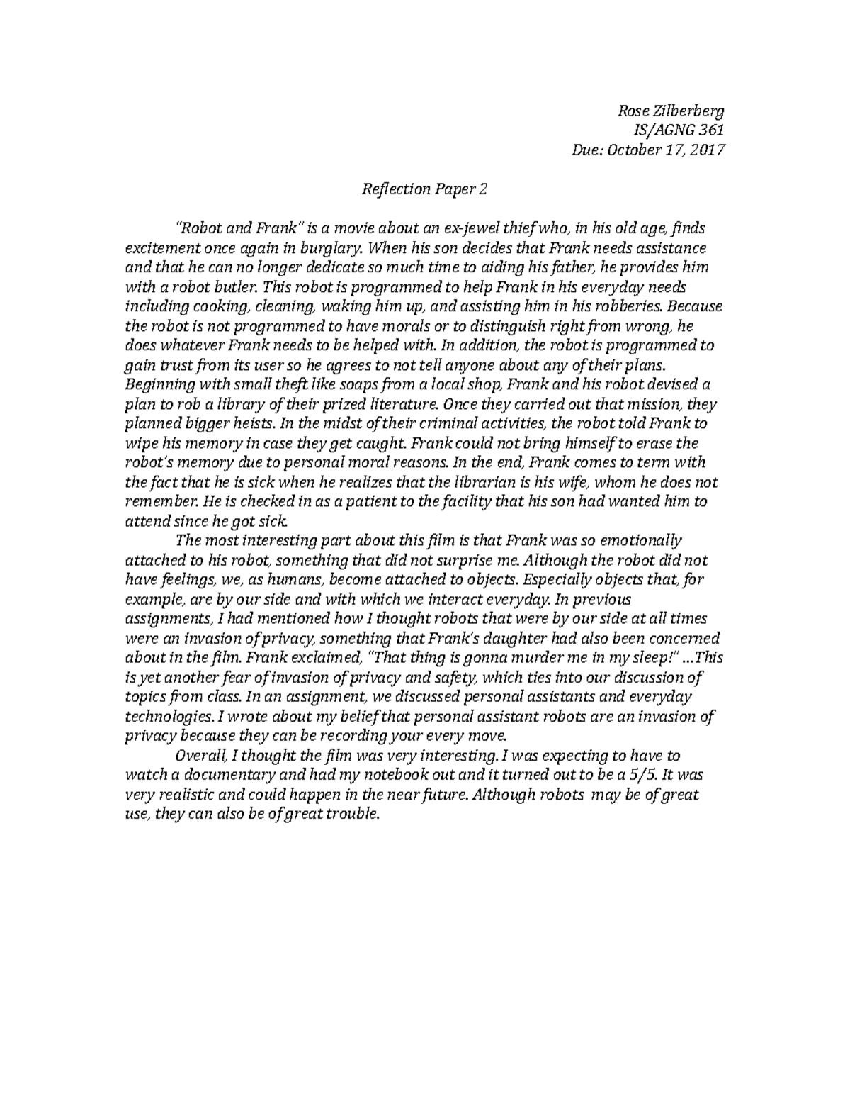 IS 361 Reflection Paper 2 - Rose Zilberberg IS/AGNG 361 Due: October 17 ...