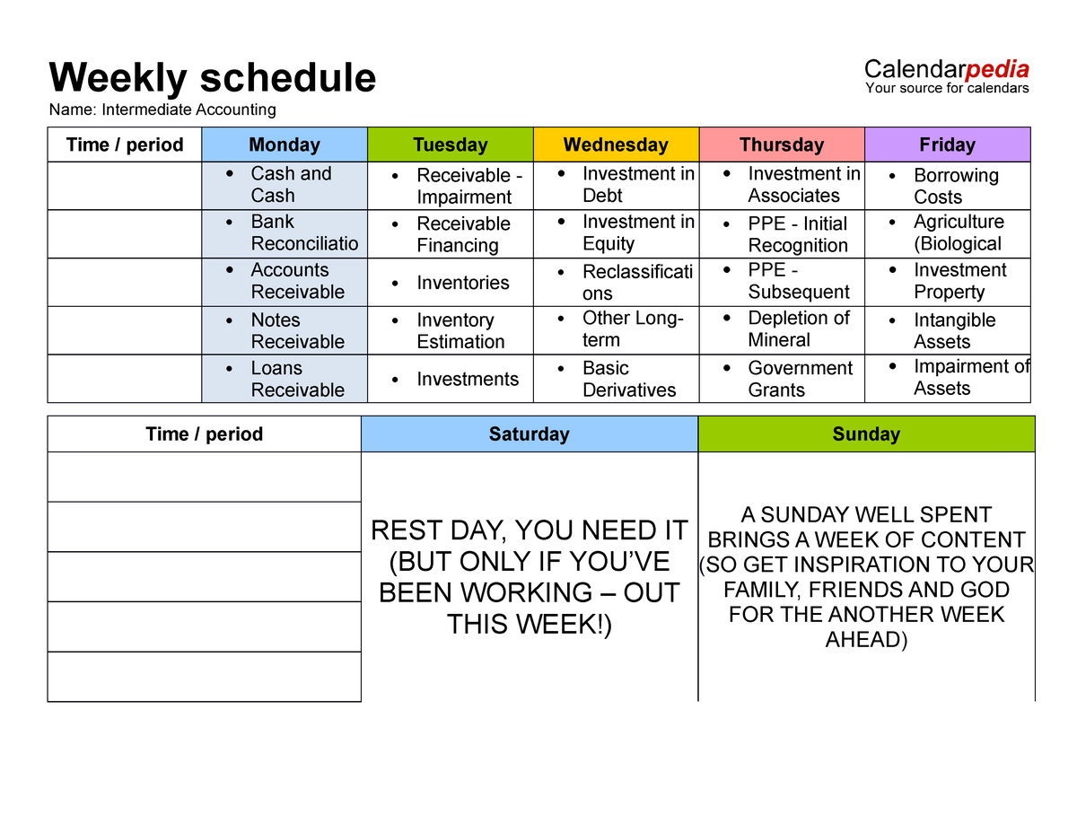 WEEK 1 Schedule when taking review Weekly schedule Name Intermediate