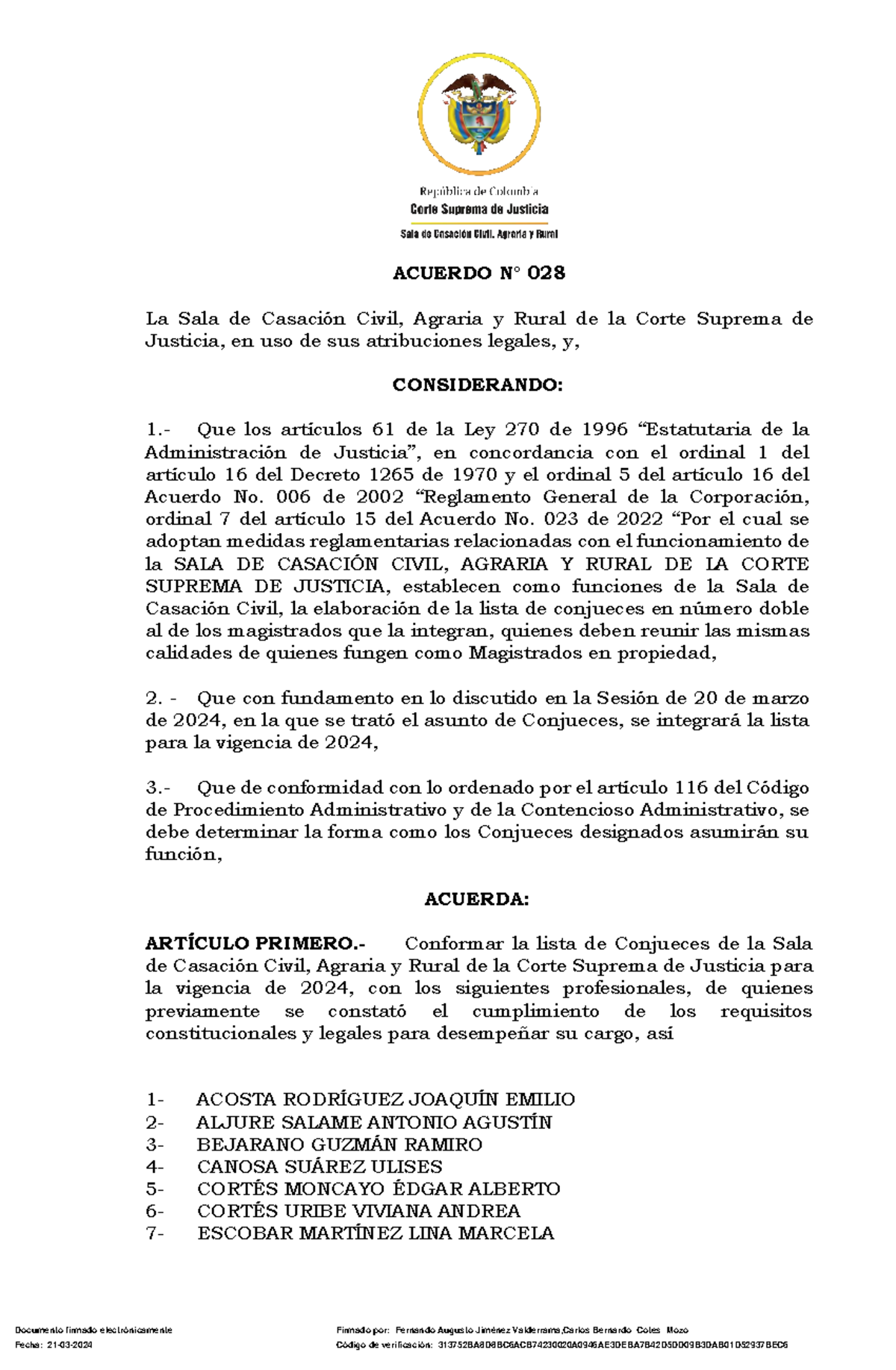 Acuerdo no 028 lista de conjueces sala civil vigencia 2024 - ACUERDO N ...