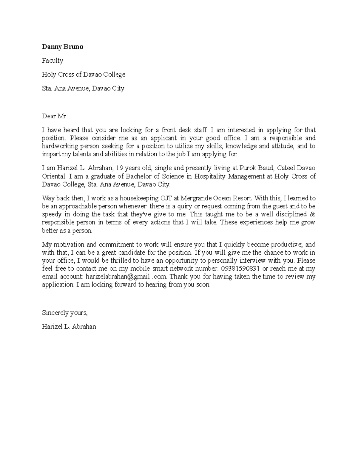 application letter - Danny Bruno Faculty Holy Cross of Davao College ...