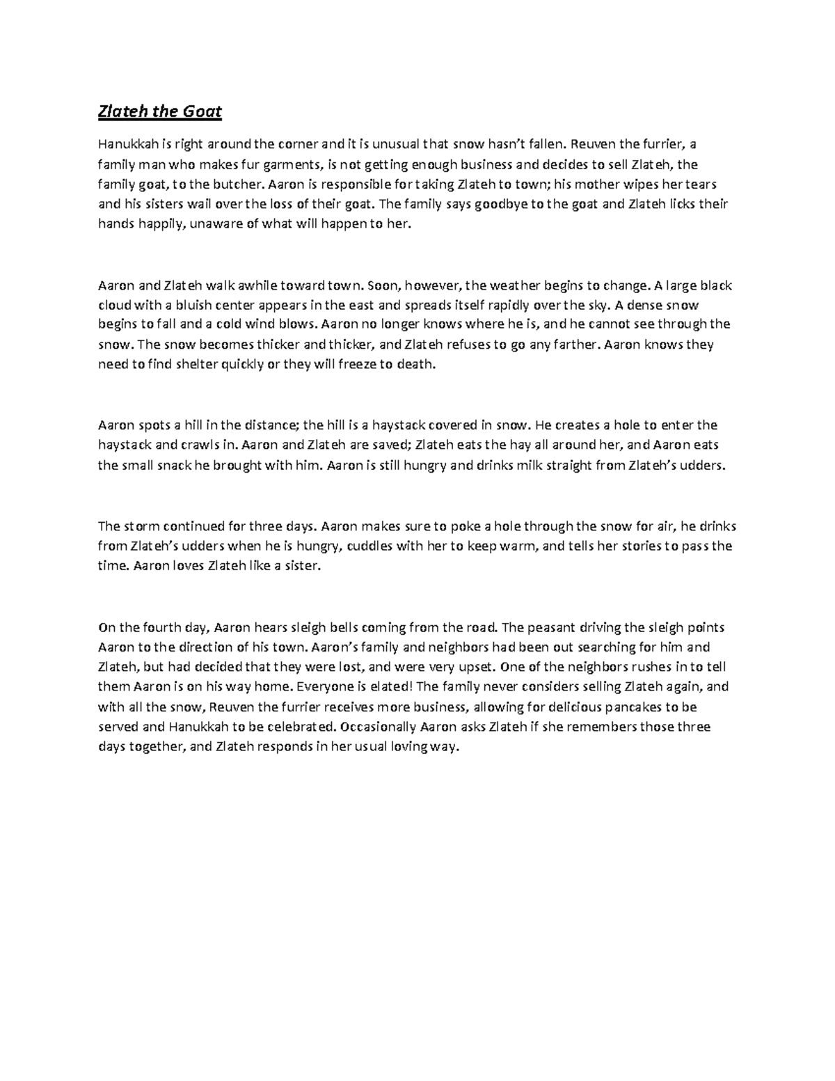 Document (13) Second semester BA pdf English summary Zlateh