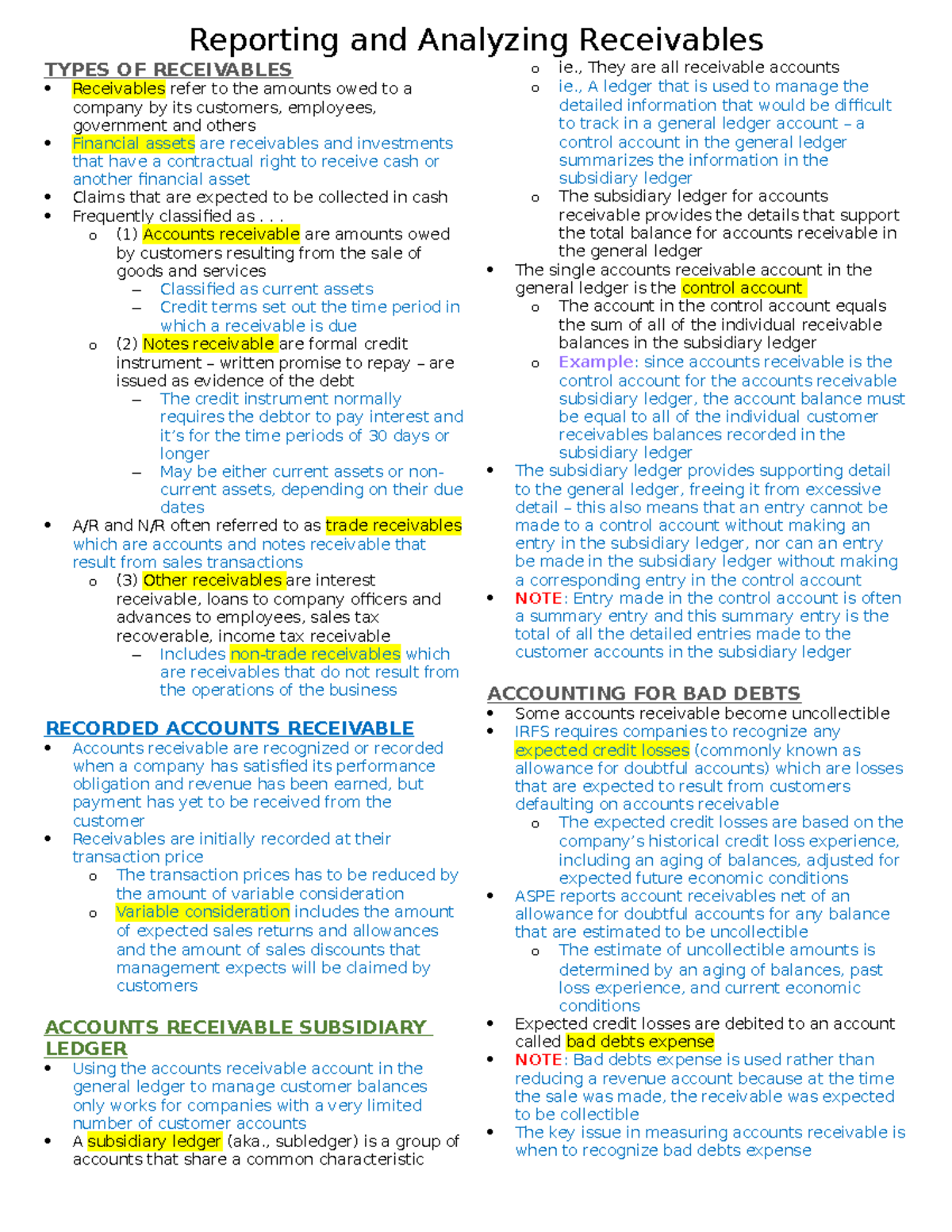 BUS 2002 - Chapter 8 - Reporting and Analyzing Receivables TYPES OF ...