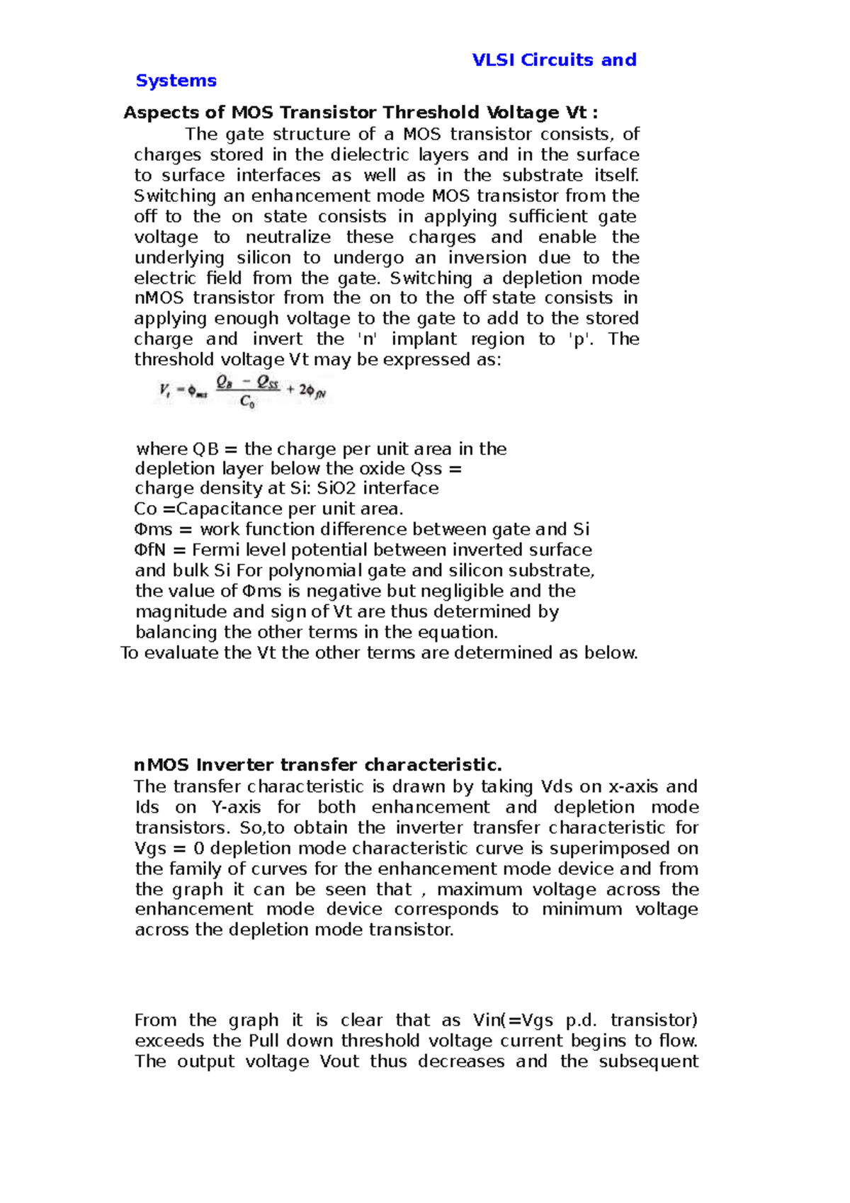 Threshold voltage and Transconductance VLSI Circuits and Systems