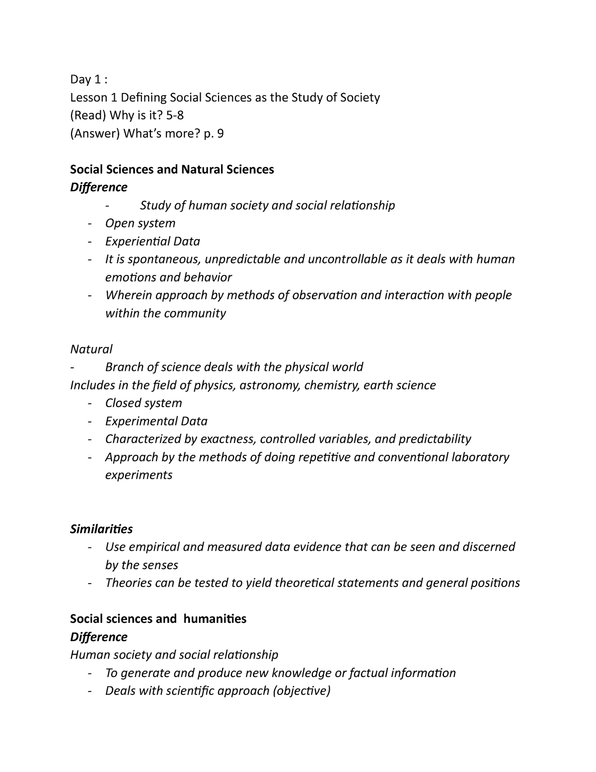 essay about differentiating the nature and function of social science