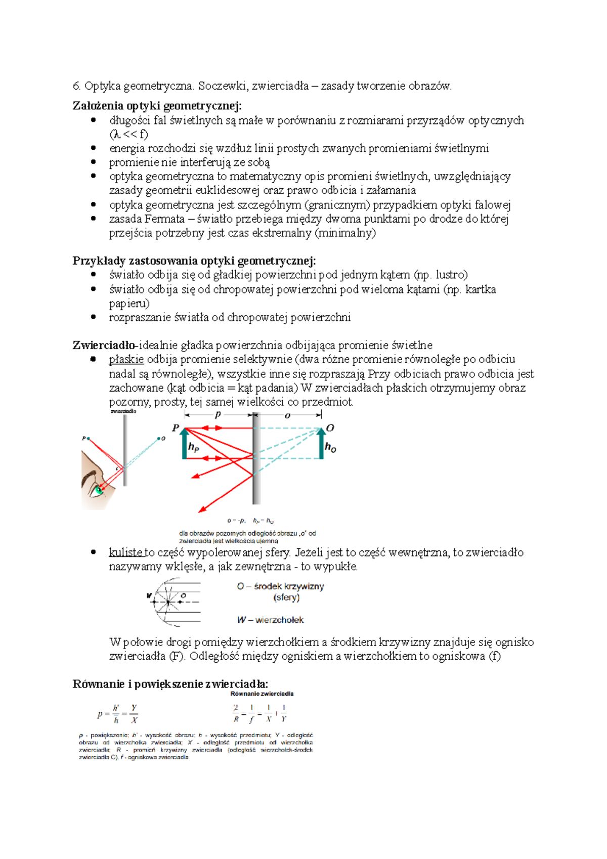 Fizyka wykład notatki - Optyka geometryczna. Soczewki, zwierciadła