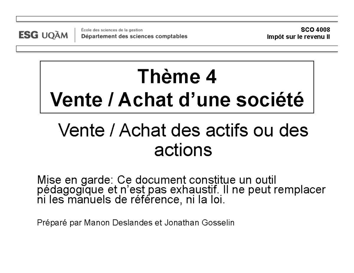 2016 3 Vente Actions Actifs PWP - SCO 4008 Impôt sur le revenu II Thème ...