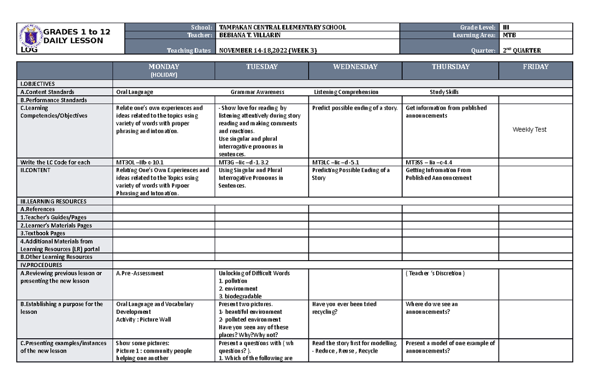 DLL MTB-3 Q2 W3 - STUDY - GRADES 1 to 12 DAILY LESSON LOG School ...