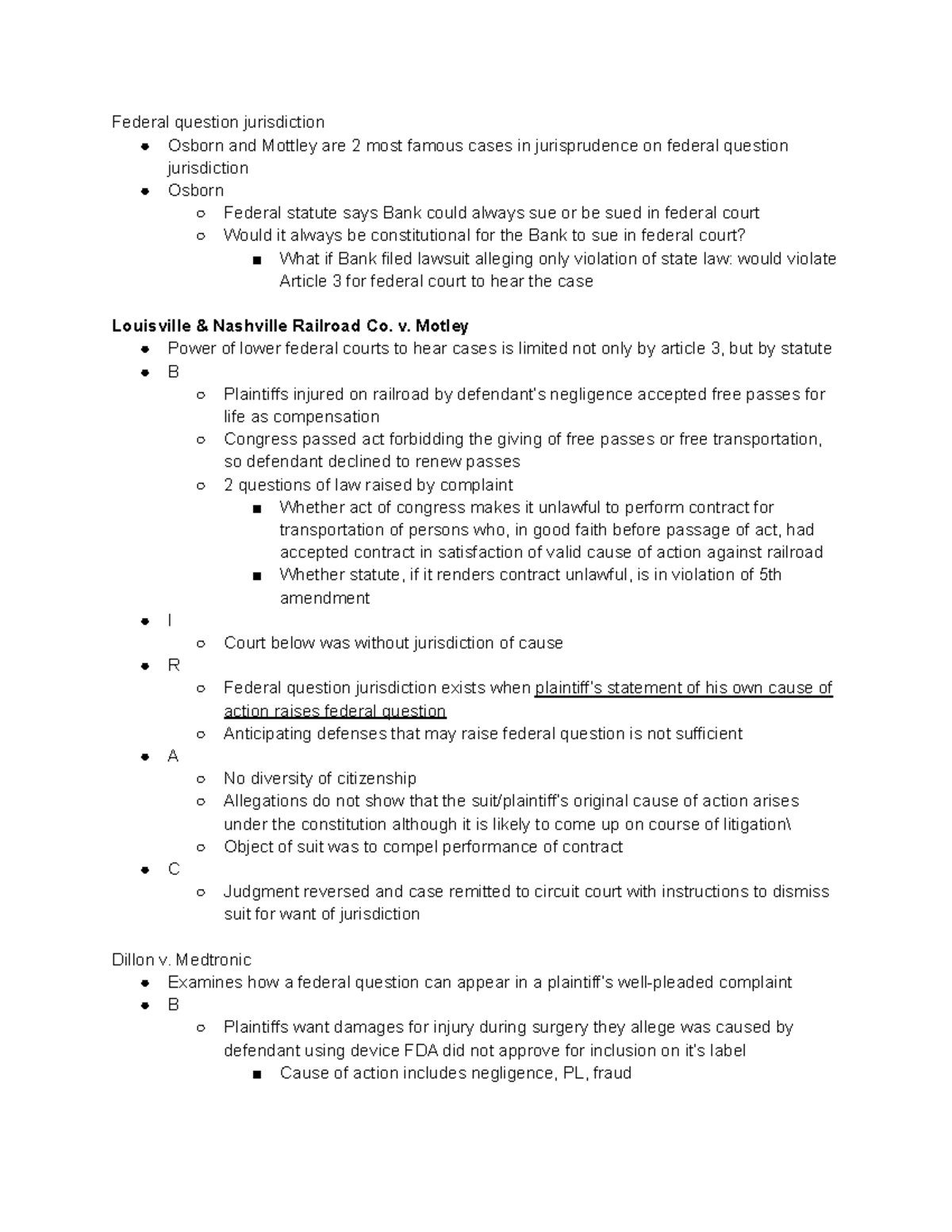 Civ pro 11 14 reading notes - Federal question jurisdiction Osborn and ...