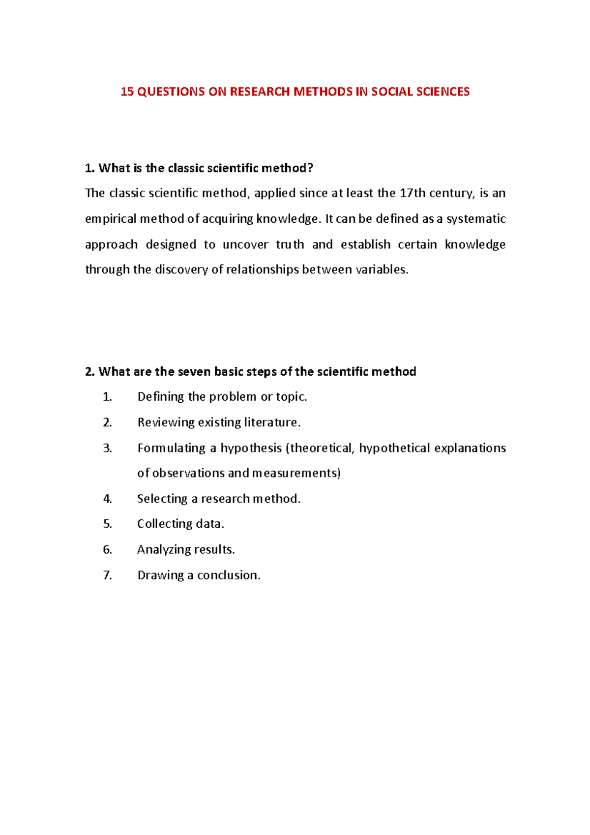 15 Questions ON Research Methods IN Social Sciences - 15 QUESTIONS ON ...